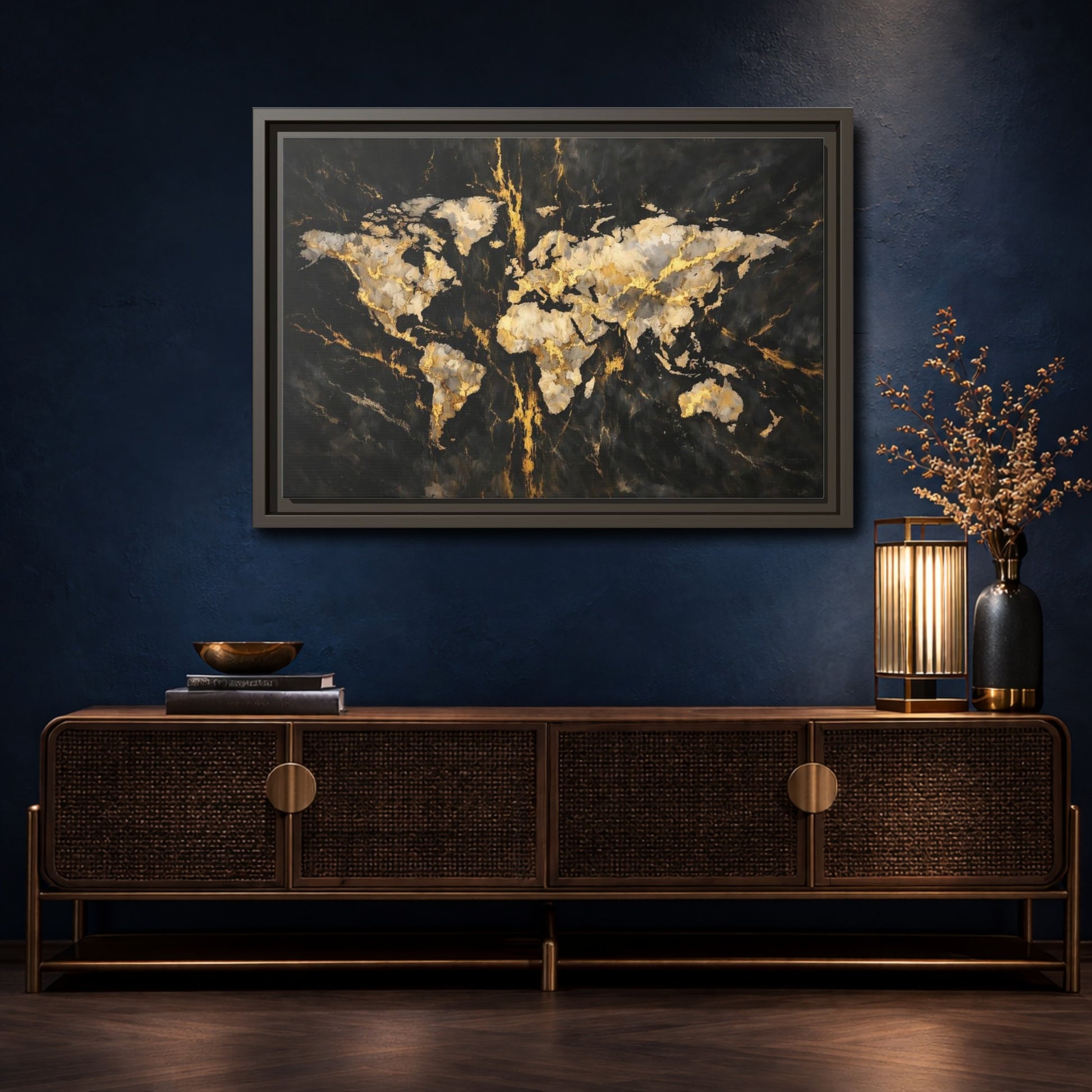 Mockup 4. Maps World Map Black Gold Map shown as stretched canvas wall art