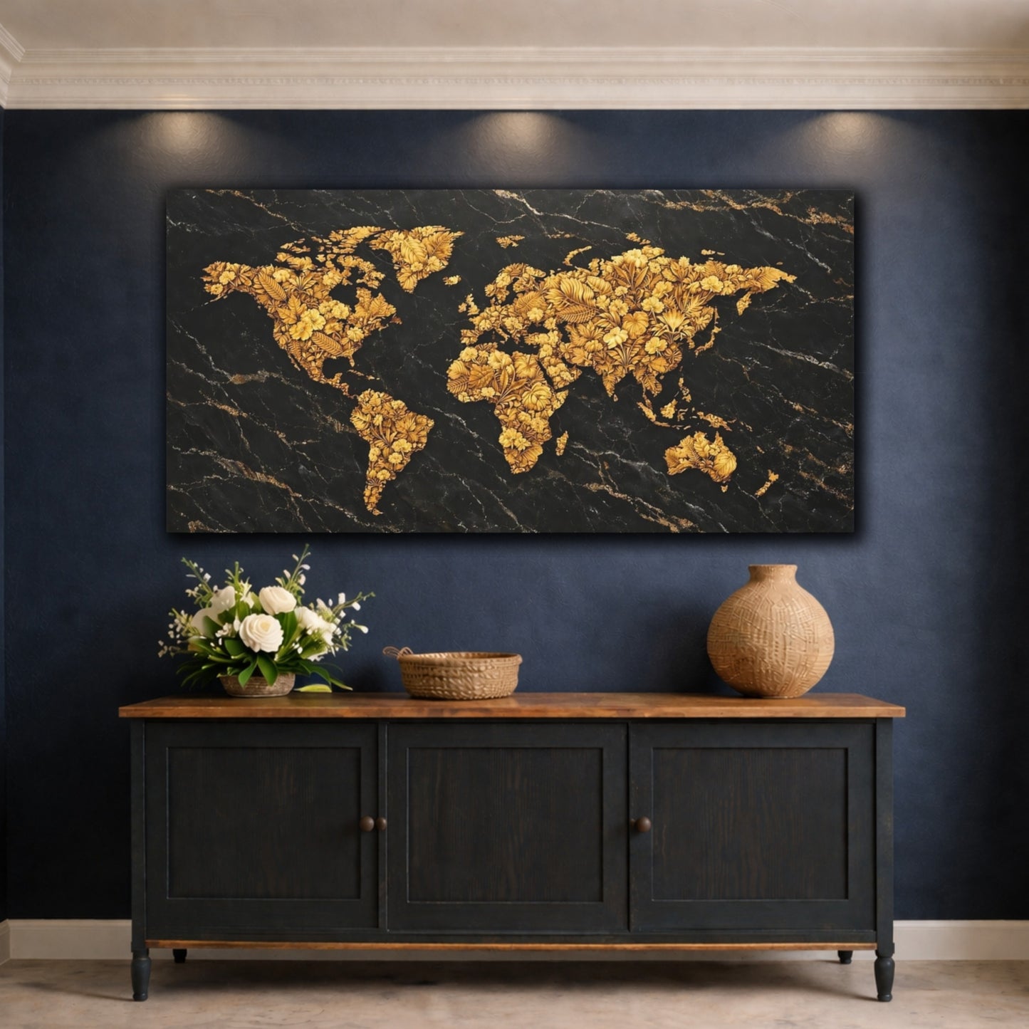 Mockup 4. Maps World Map Black Gold Map shown as stretched canvas wall art