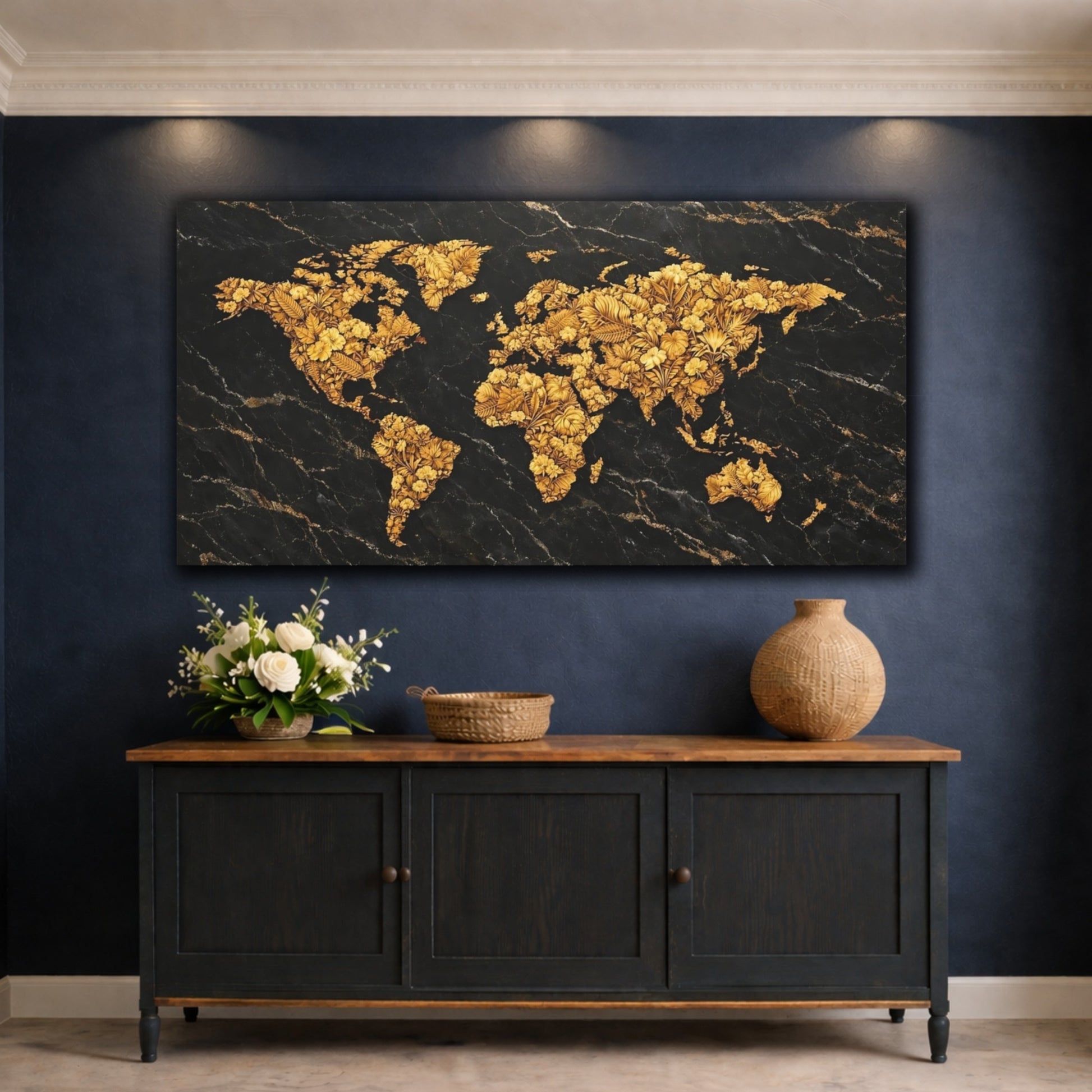Mockup 4. Maps World Map Black Gold Map shown as stretched canvas wall art
