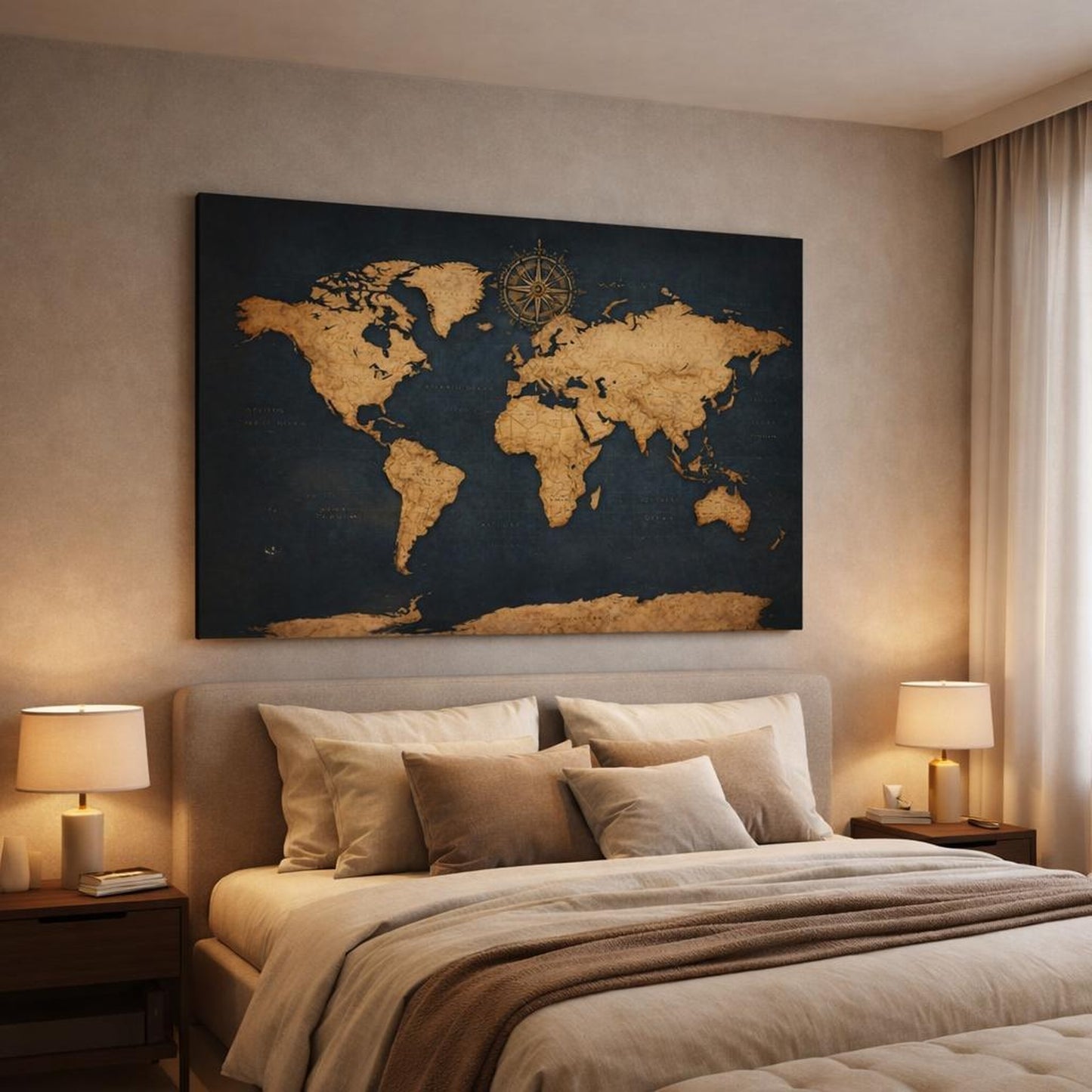 Maps World Map Blue And Gold shown as canvas wall art in a luxury bedroom