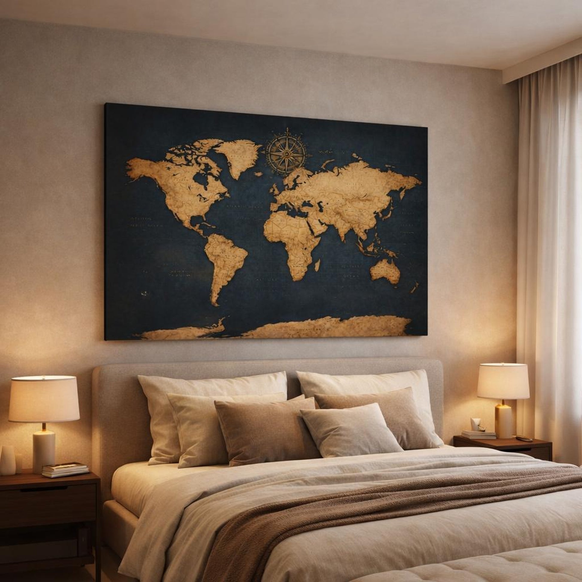 Maps World Map Blue And Gold shown as canvas wall art in a luxury bedroom