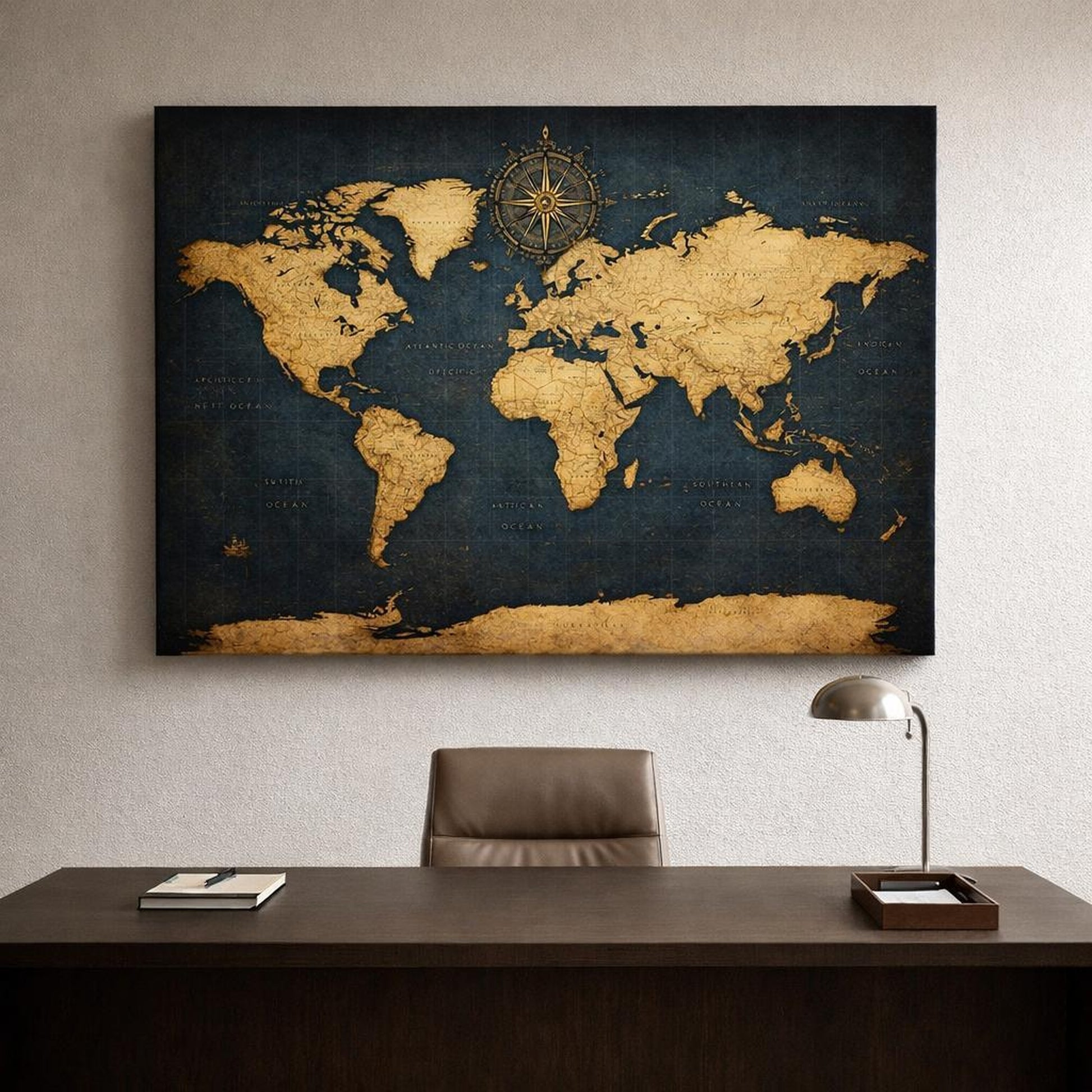 Maps World Map Blue And Gold shown as canvas wall art in a sophisticated contemporary living space
