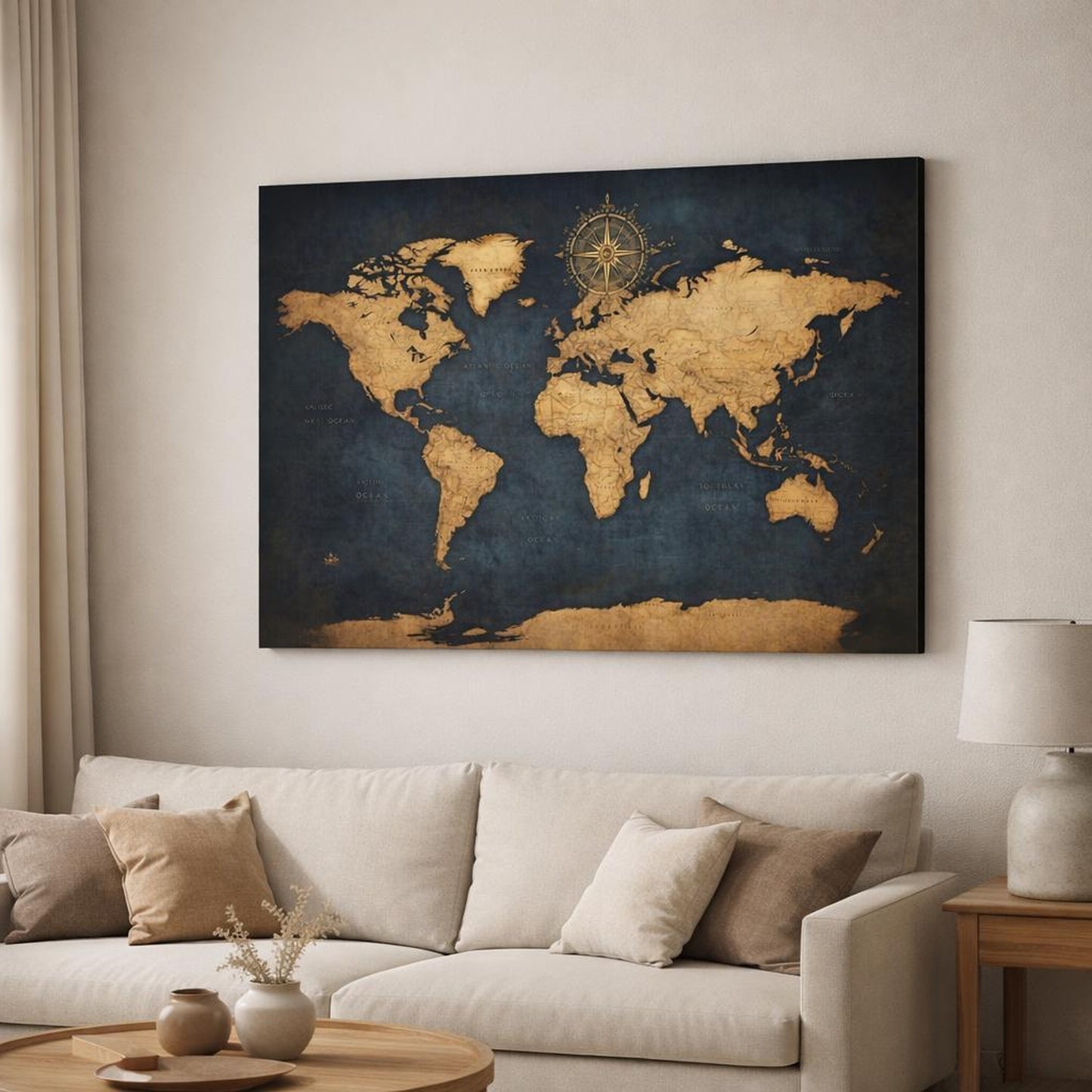 Maps World Map Blue And Gold shown as canvas wall art in a modern living room