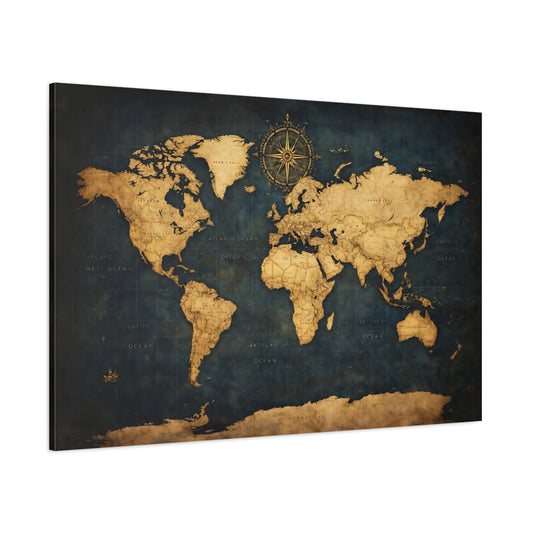 Maps World Map Blue And Gold shown as stretched canvas wall art