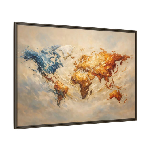 Main Mockup. Maps World Map Blue And Gold Map shown as stretched canvas wall art