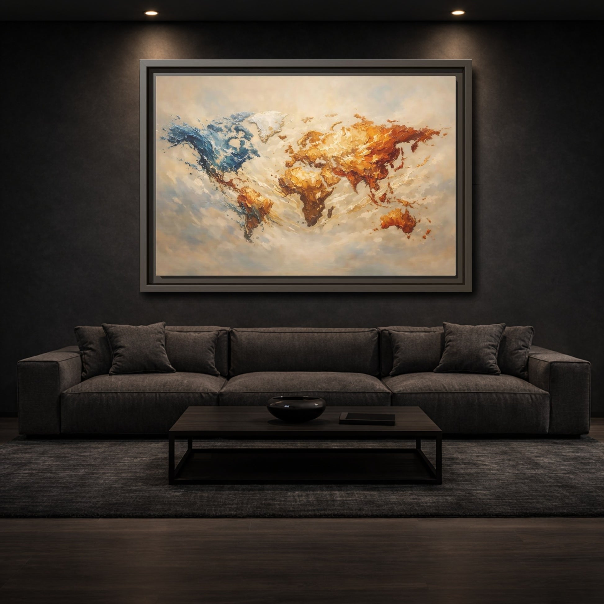 Mockup 2. Maps World Map Blue And Gold Map shown as stretched canvas wall art