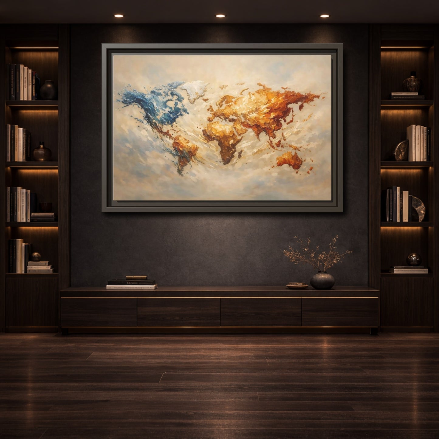 Mockup 3. Maps World Map Blue And Gold Map shown as stretched canvas wall art