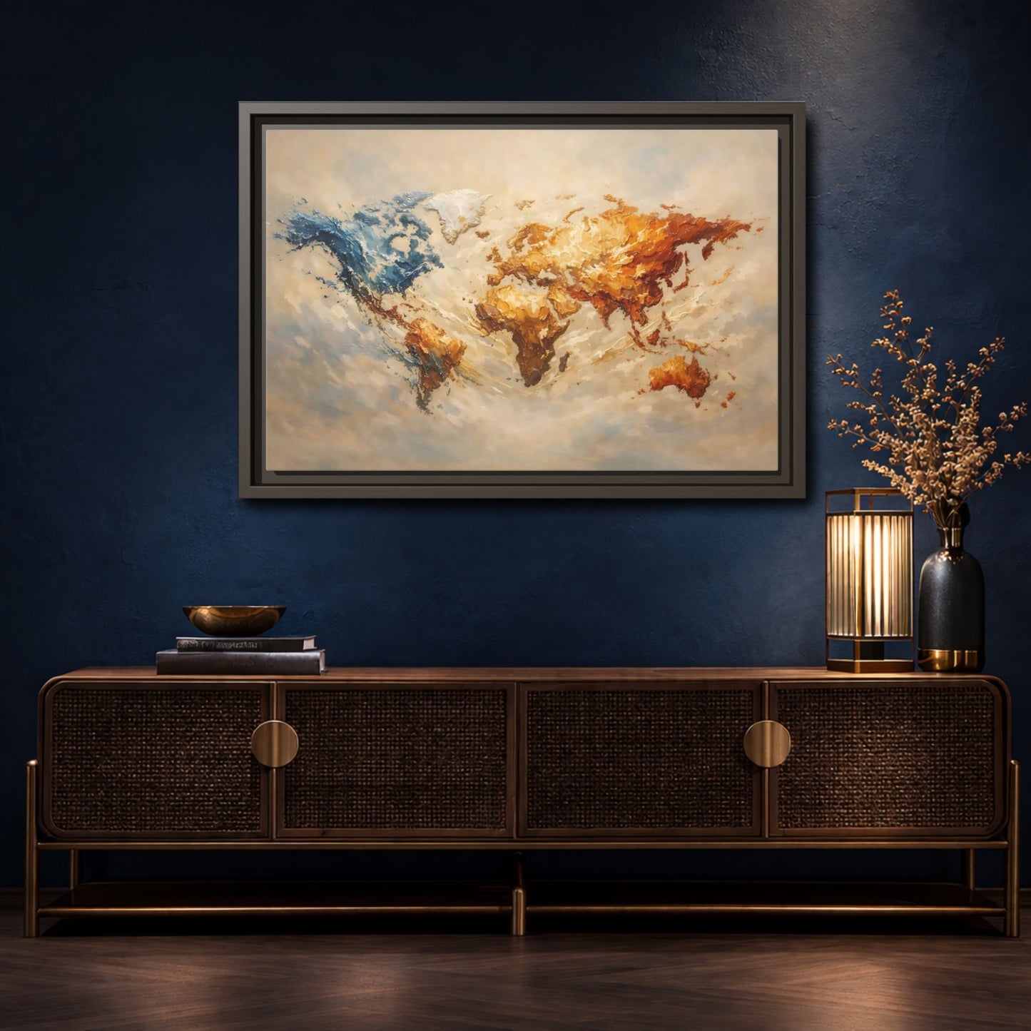 Mockup 4. Maps World Map Blue And Gold Map shown as stretched canvas wall art