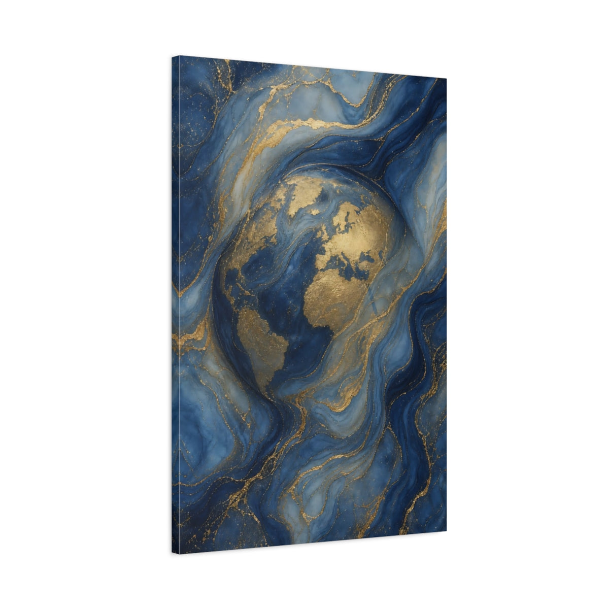 Main Mockup. Maps World Map Blue And Gold World Map shown as stretched canvas wall art