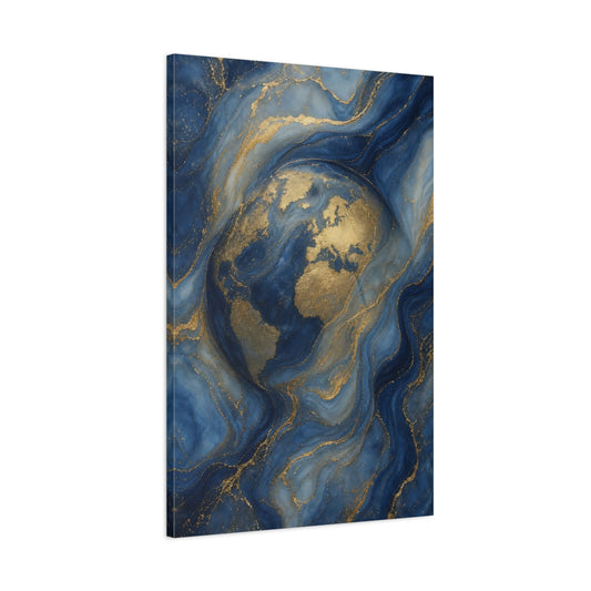 Main Mockup. Maps World Map Blue And Gold World Map shown as stretched canvas wall art