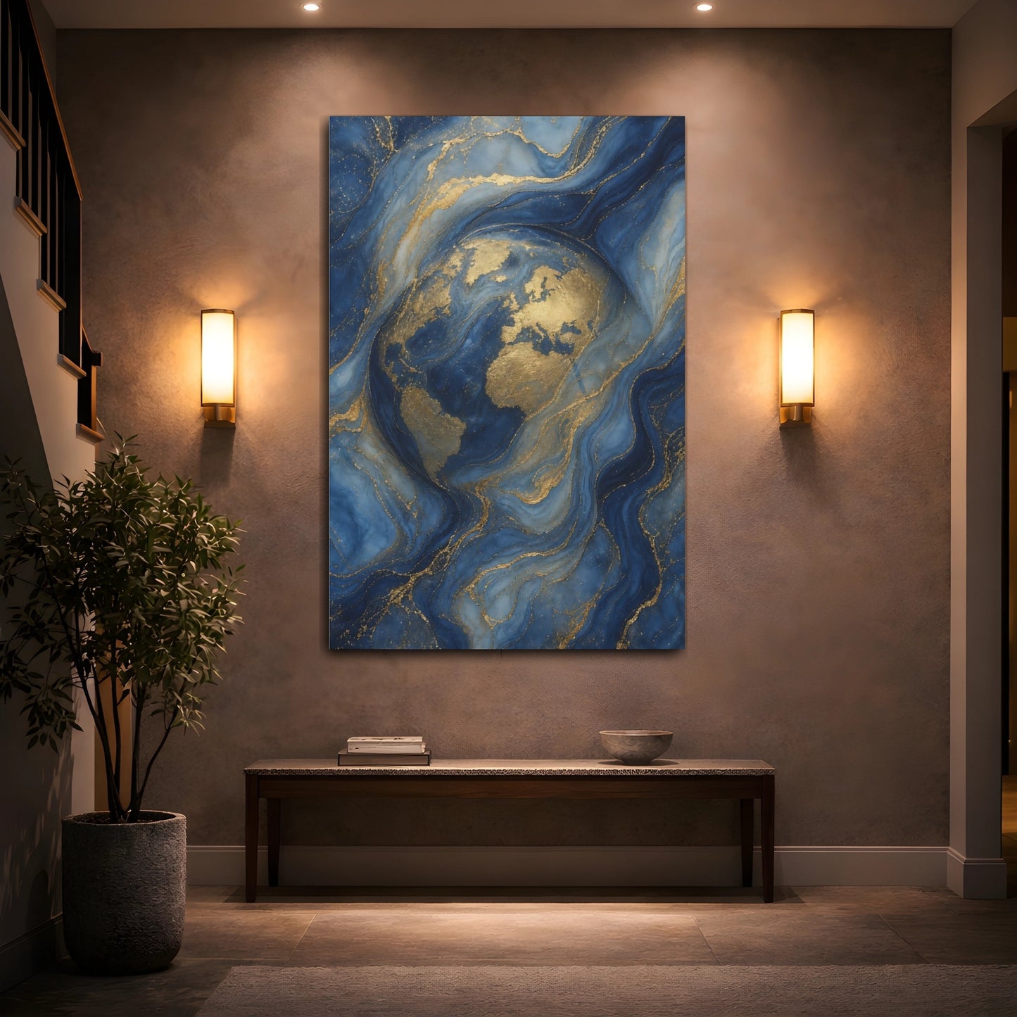 Mockup 2. Maps World Map Blue And Gold World Map shown as stretched canvas wall art