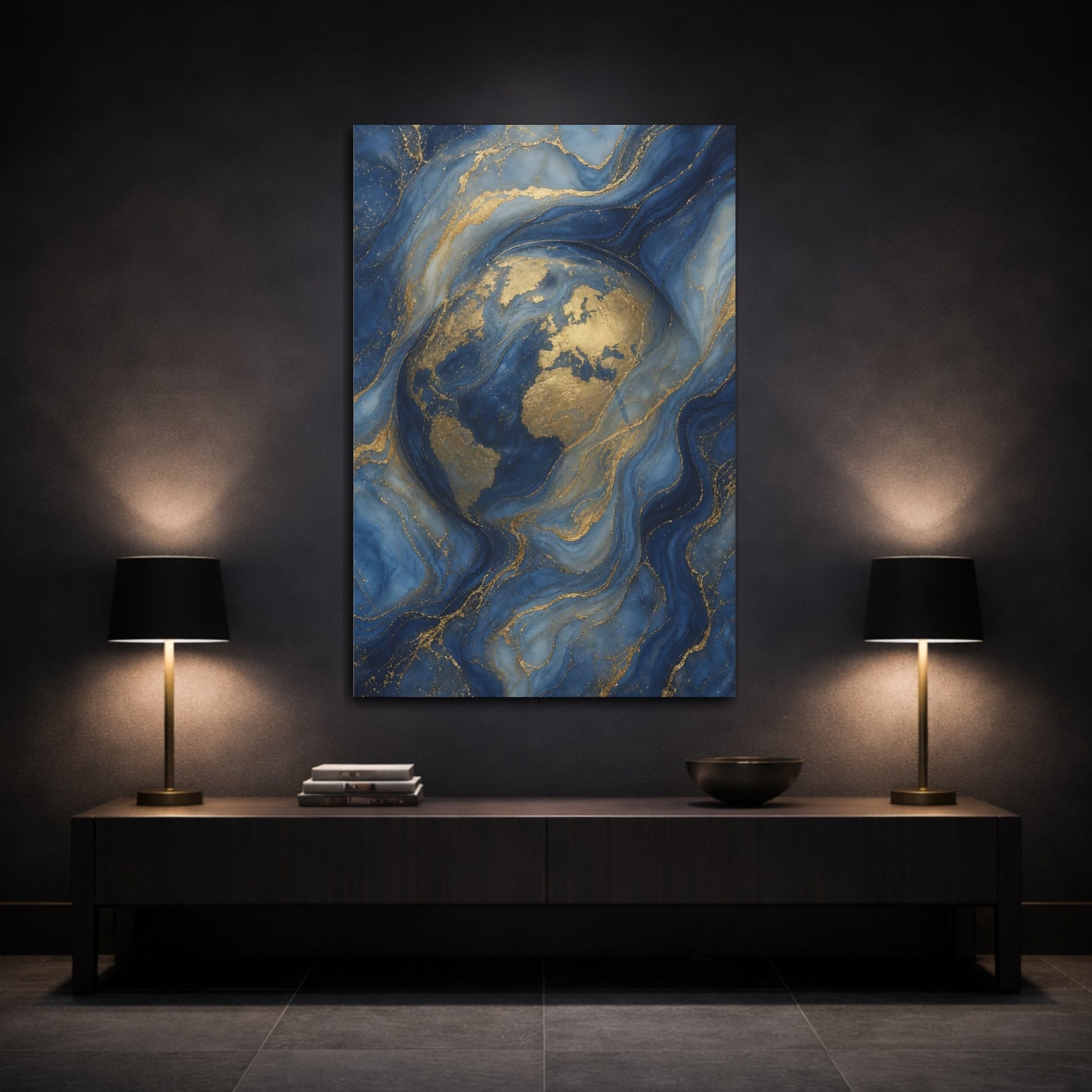 Mockup 3. Maps World Map Blue And Gold World Map shown as stretched canvas wall art
