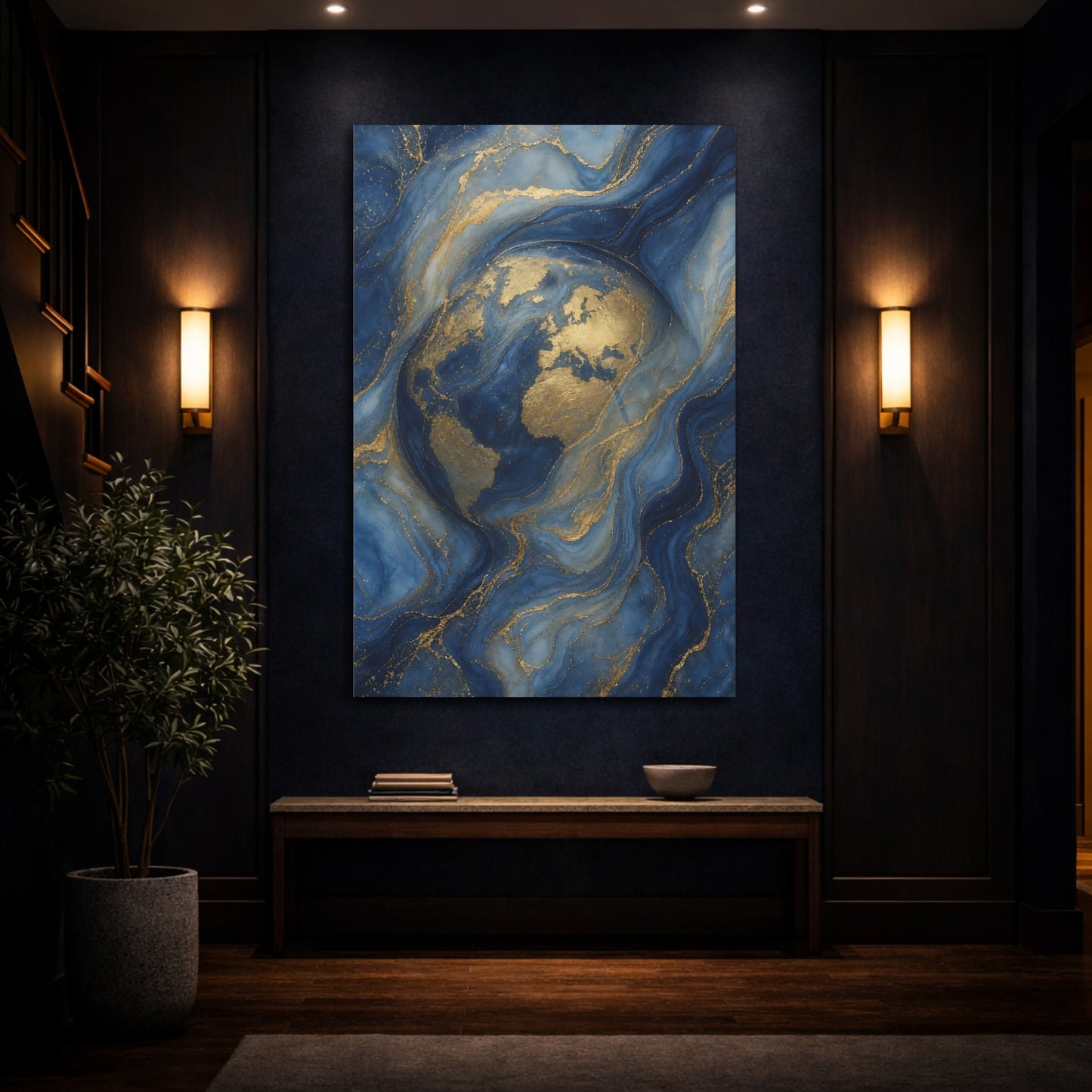Mockup 4. Maps World Map Blue And Gold World Map shown as stretched canvas wall art
