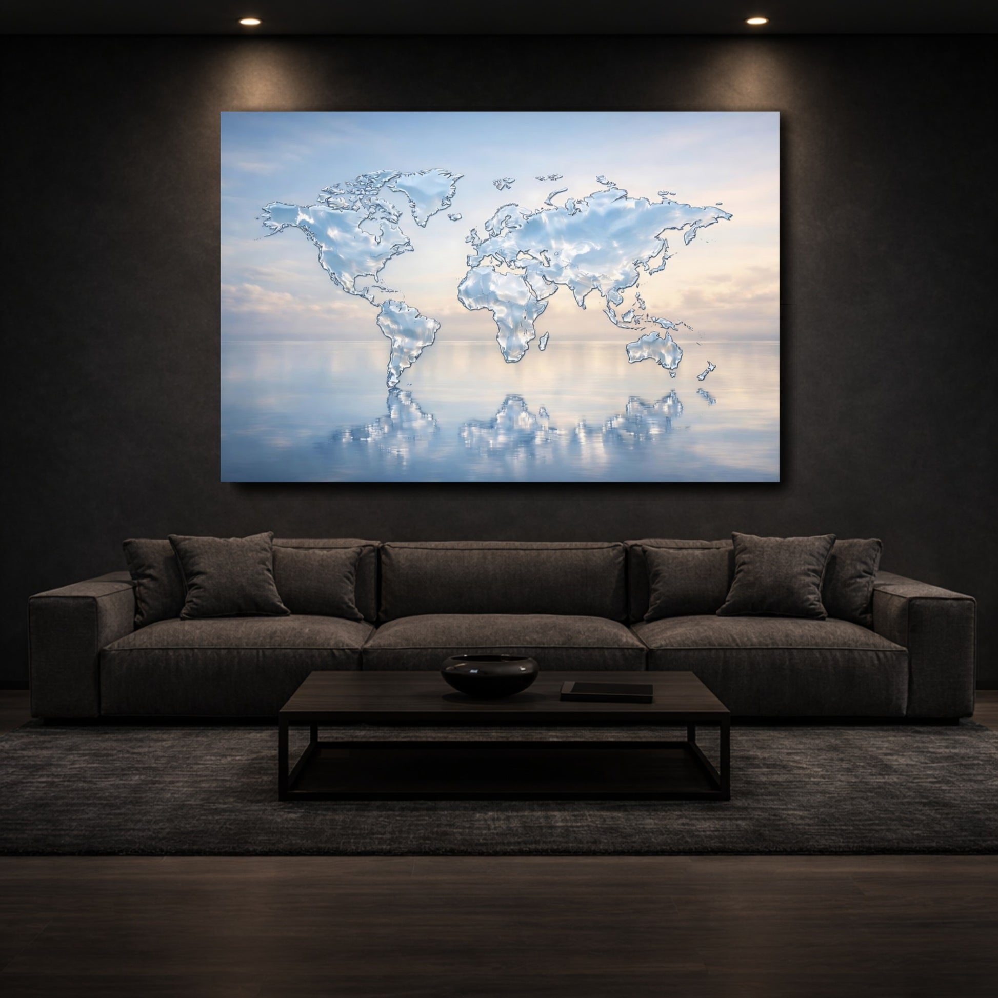 Mockup 2. Maps World Map Blue And White Map shown as stretched canvas wall art