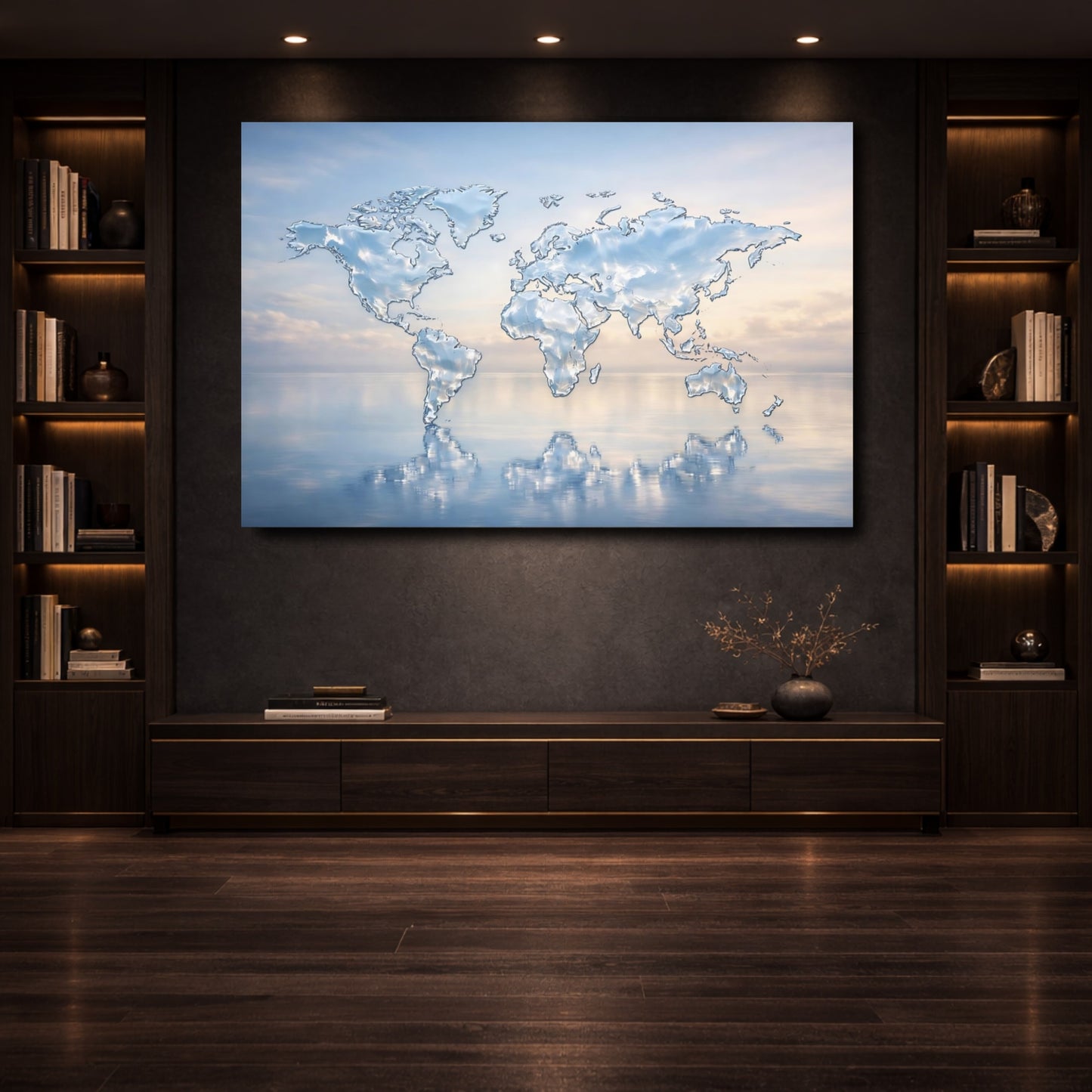 Mockup 3. Maps World Map Blue And White Map shown as stretched canvas wall art