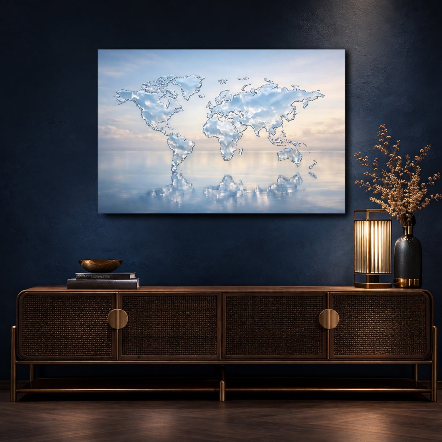 Mockup 4. Maps World Map Blue And White Map shown as stretched canvas wall art