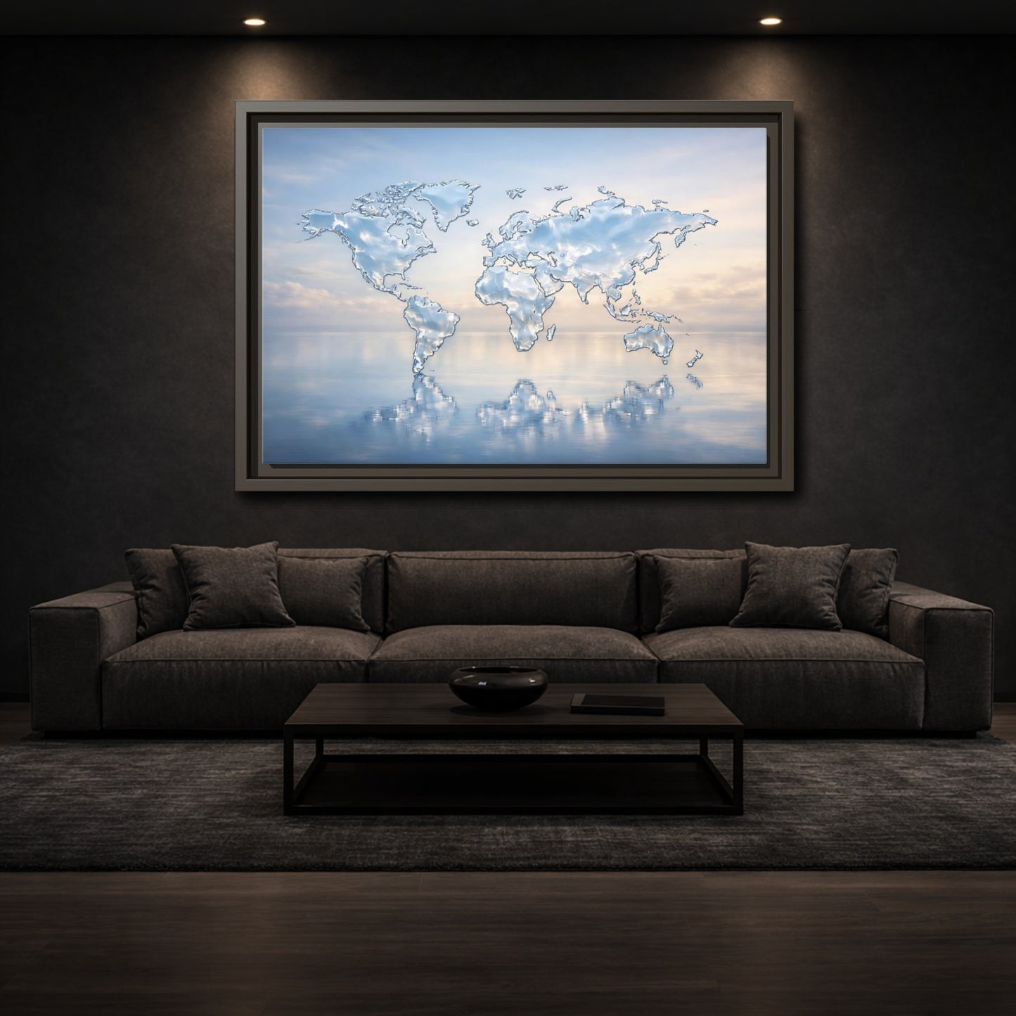Mockup 2. Maps World Map Blue And White shown as stretched canvas wall art