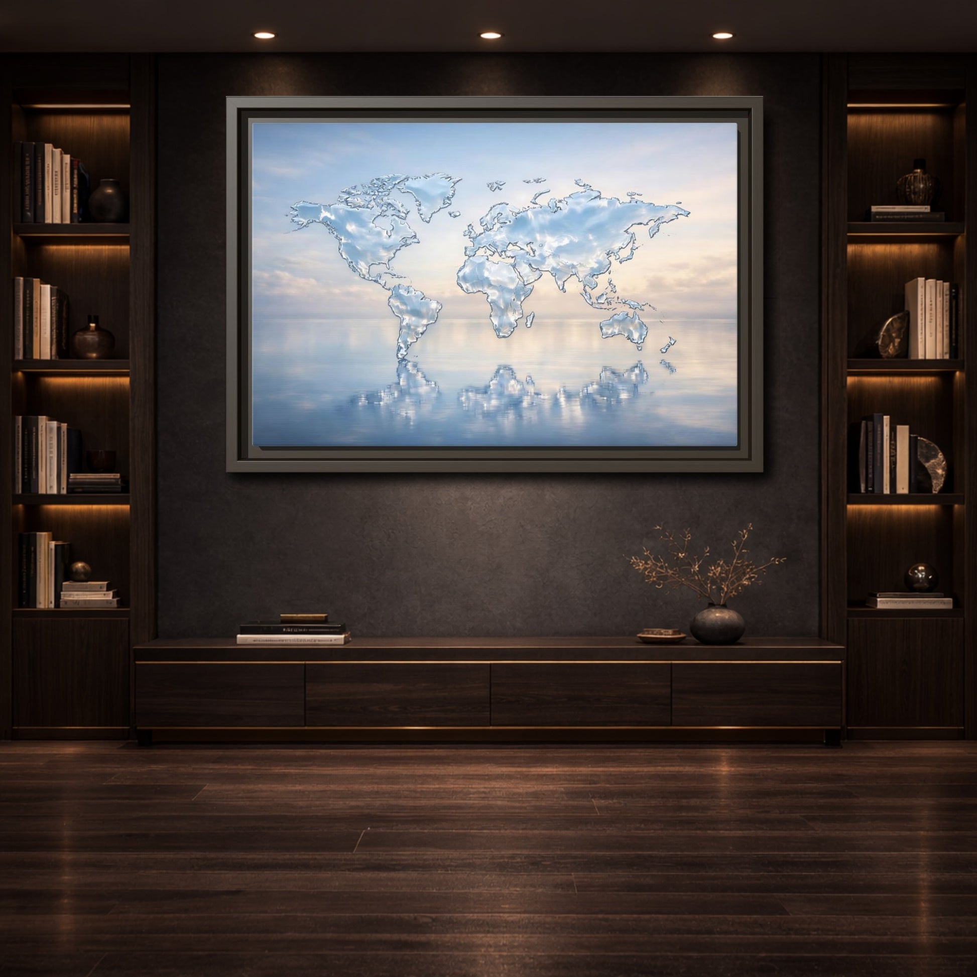 Mockup 3. Maps World Map Blue And White shown as stretched canvas wall art