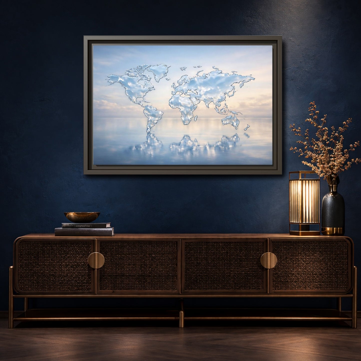 Mockup 4. Maps World Map Blue And White shown as stretched canvas wall art