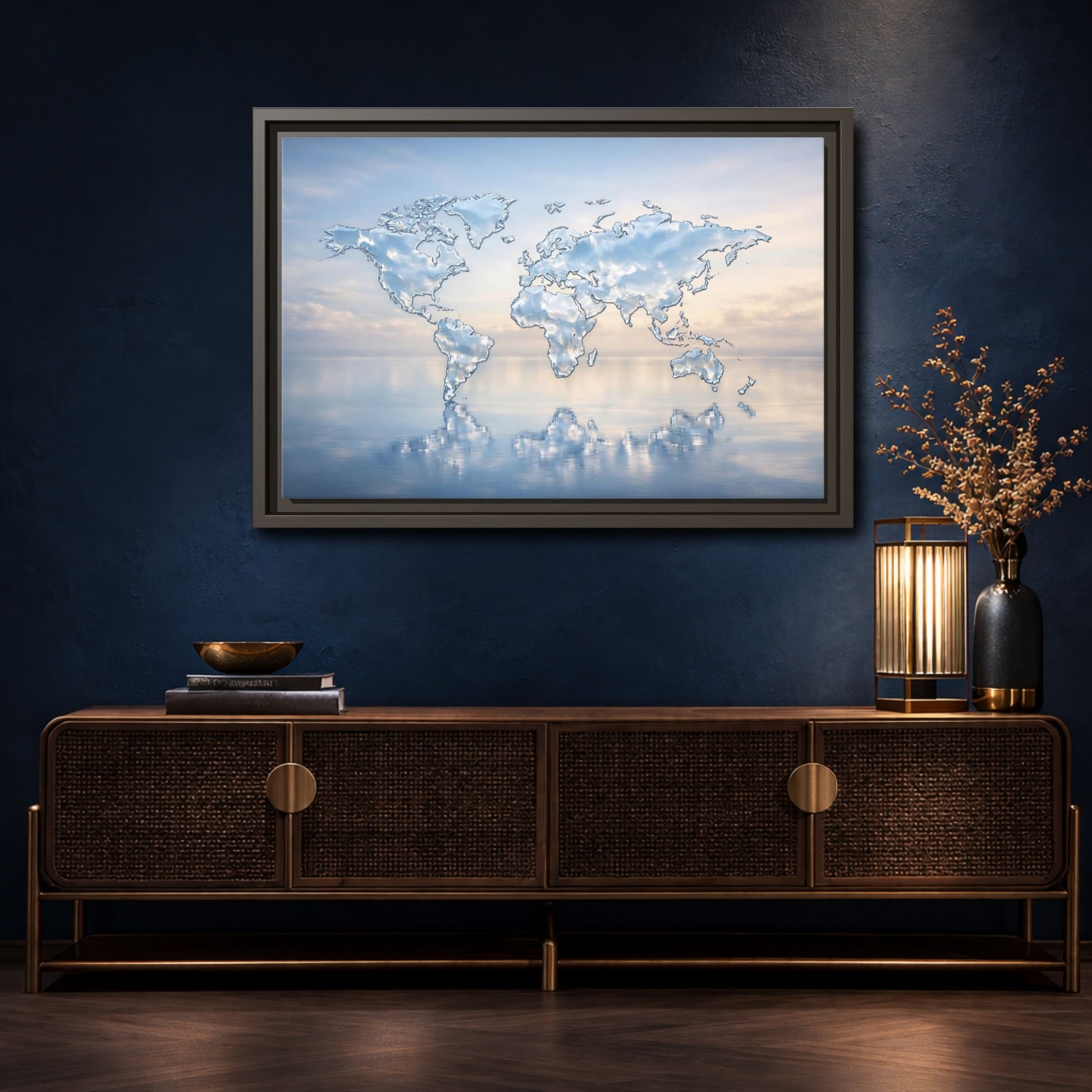 Mockup 4. Maps World Map Blue And White shown as stretched canvas wall art
