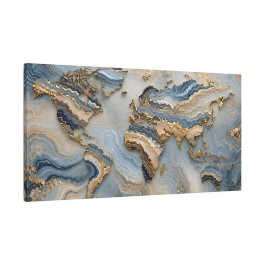 Main Mockup. Maps World Map Blue Gold Map shown as stretched canvas wall art
