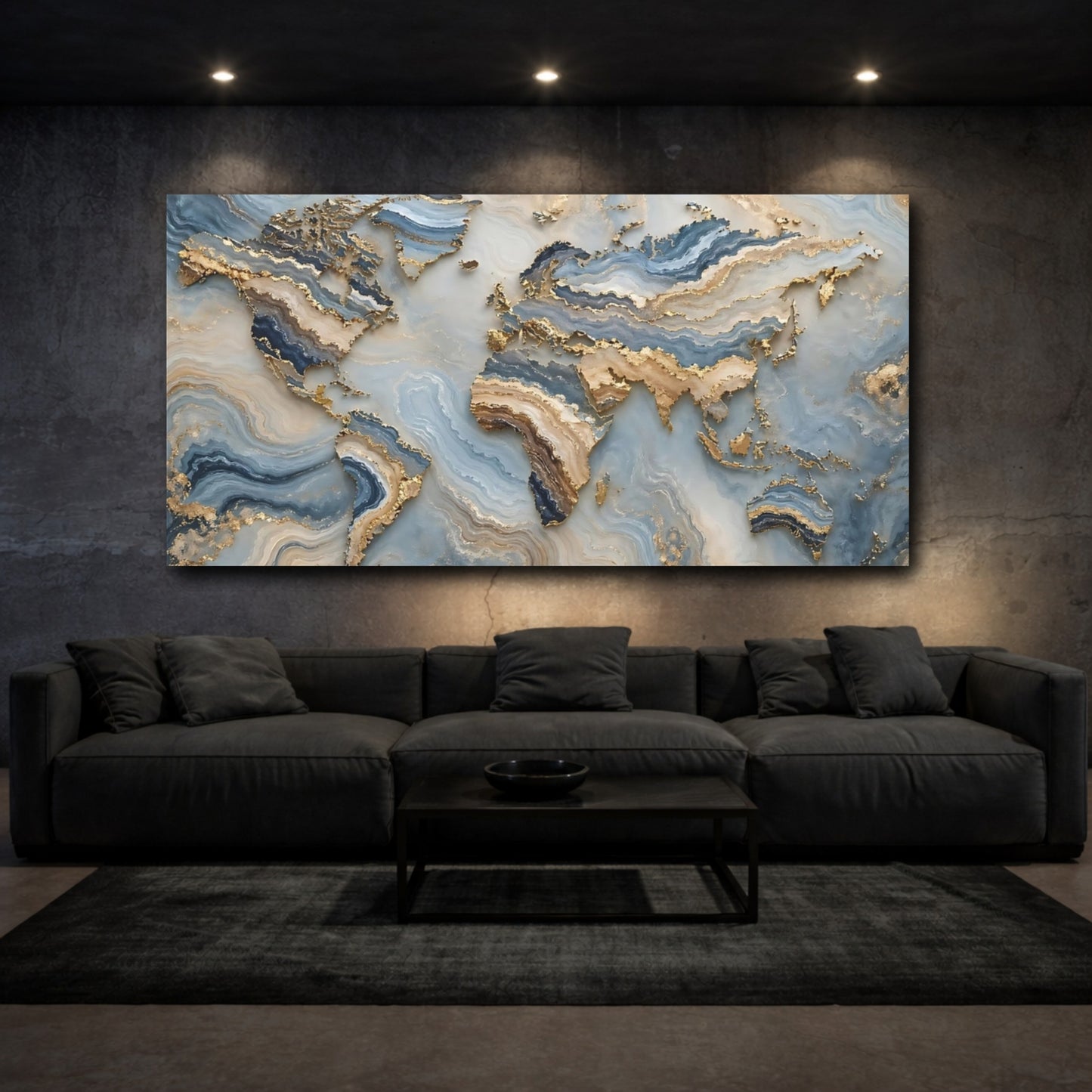 Mockup 2. Maps World Map Blue Gold Map shown as stretched canvas wall art