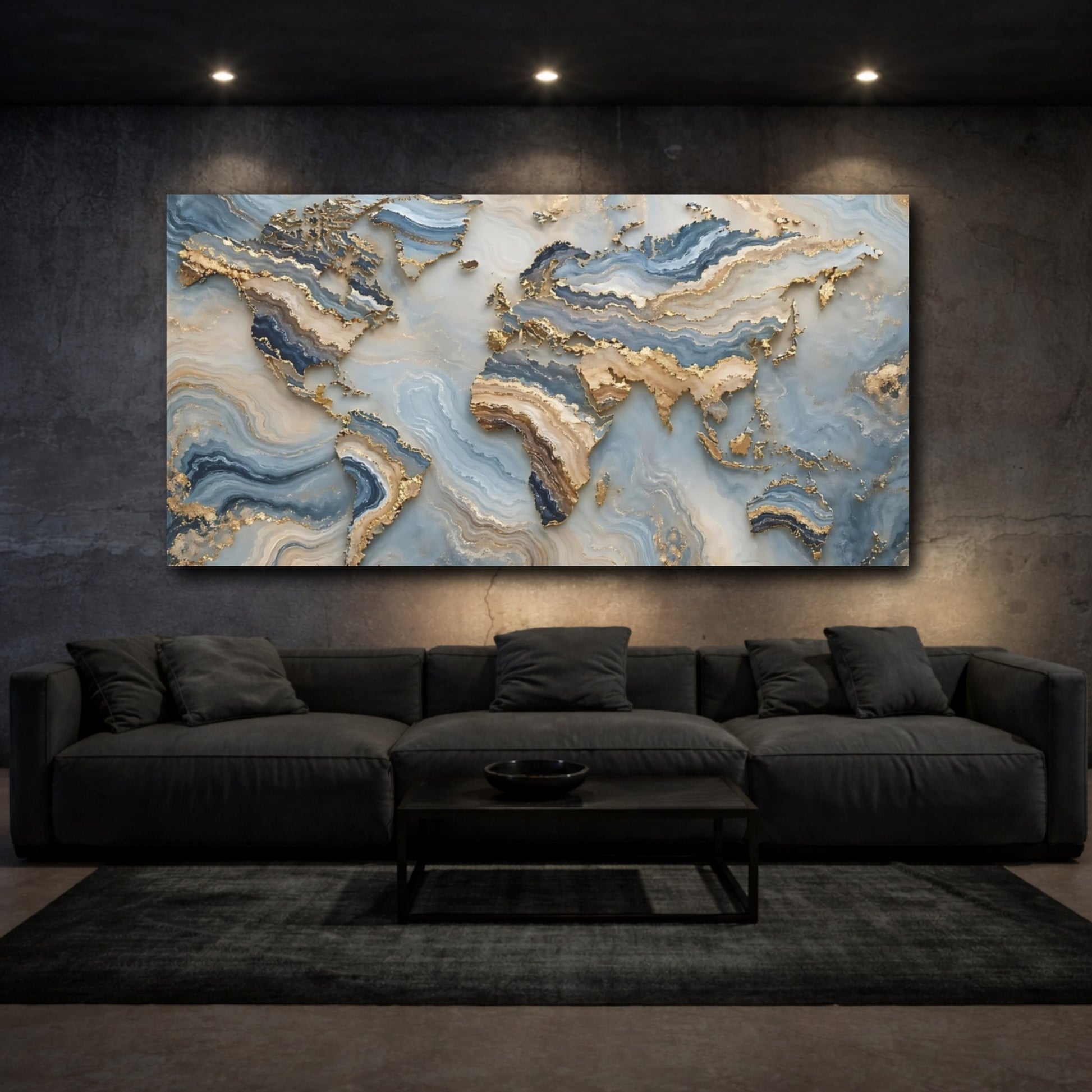 Mockup 2. Maps World Map Blue Gold Map shown as stretched canvas wall art