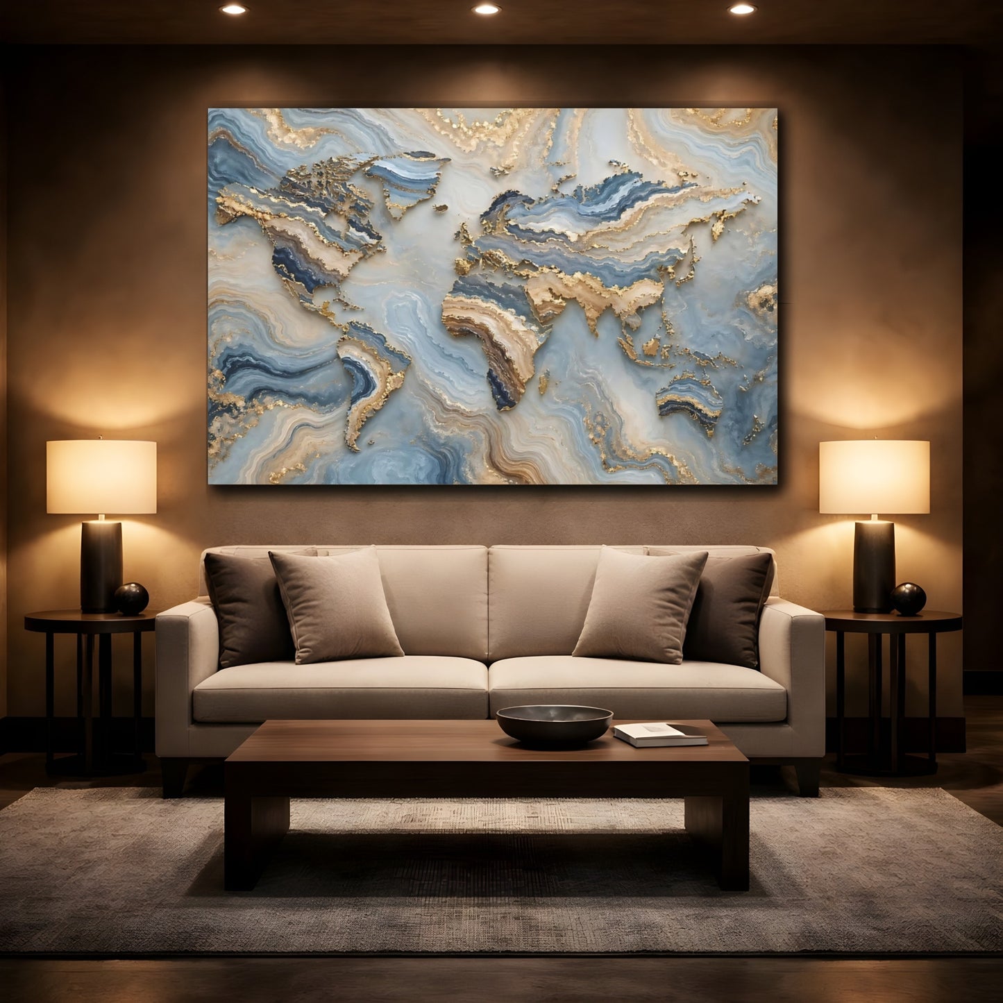 Mockup 2. Maps World Map Blue Gold Map shown as stretched canvas wall art