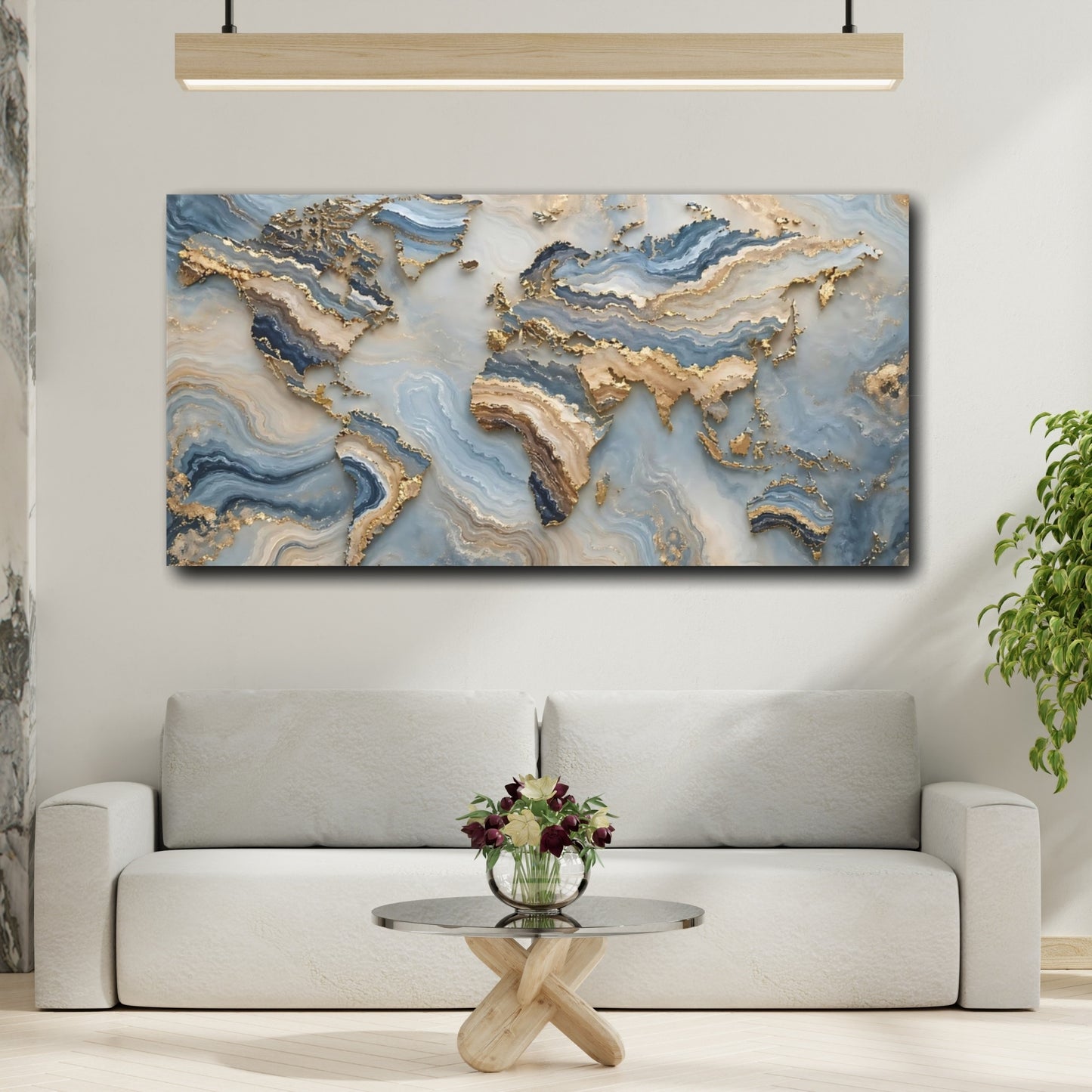 Mockup 3. Maps World Map Blue Gold Map shown as stretched canvas wall art