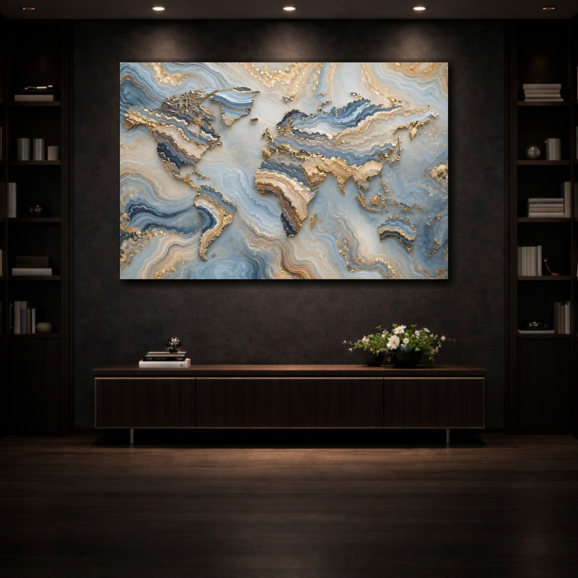 Mockup 3. Maps World Map Blue Gold Map shown as stretched canvas wall art