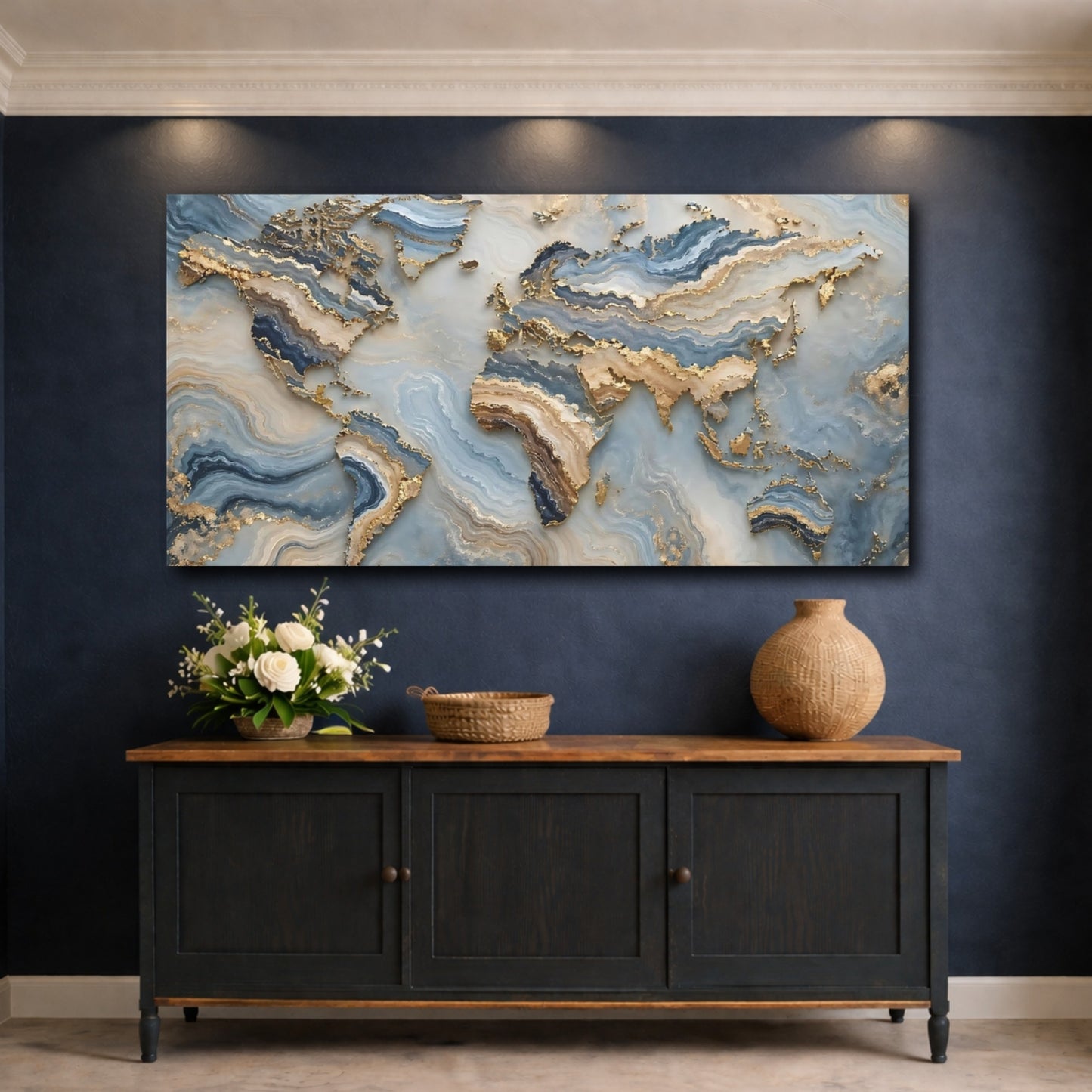 Mockup 4. Maps World Map Blue Gold Map shown as stretched canvas wall art