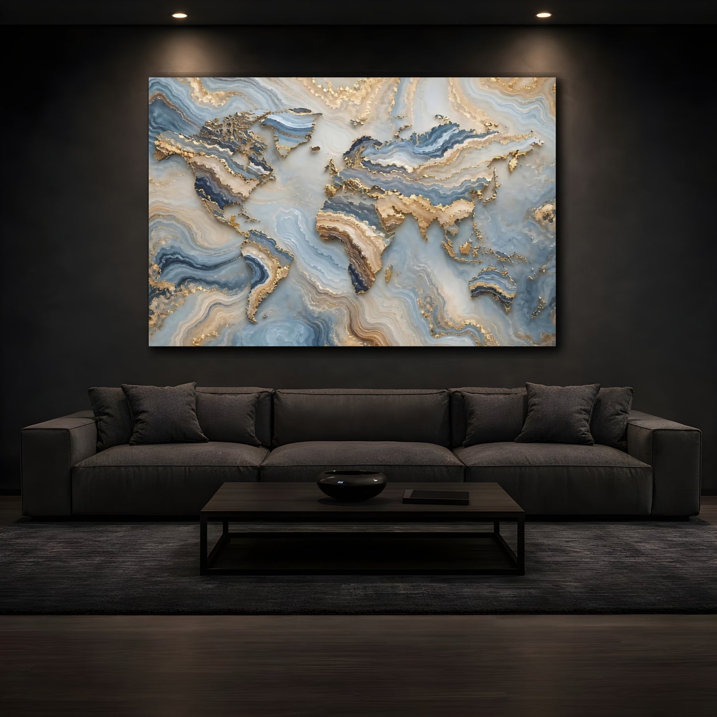 Mockup 4. Maps World Map Blue Gold Map shown as stretched canvas wall art