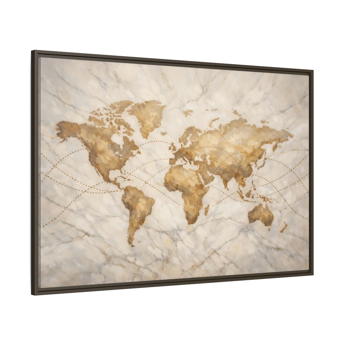 Main Mockup. Maps World Map Brown And Beige shown as stretched canvas wall art