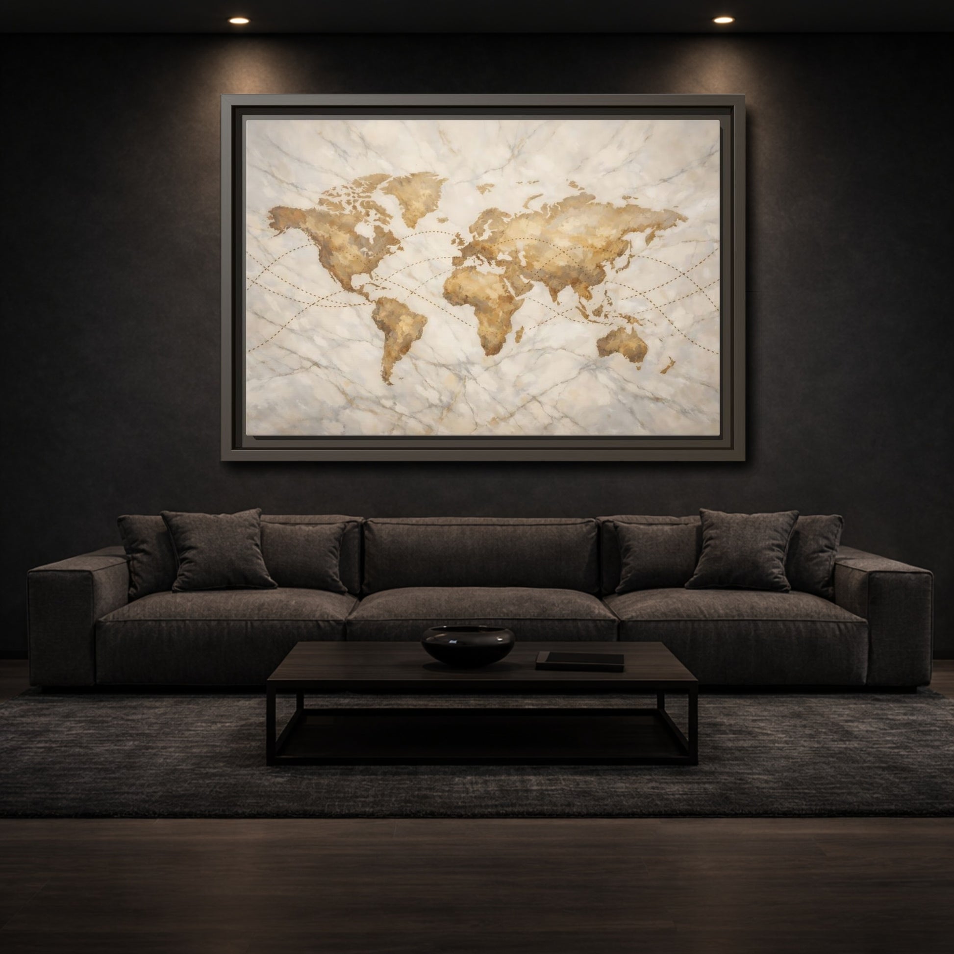 Mockup 2. Maps World Map Brown And Beige shown as stretched canvas wall art