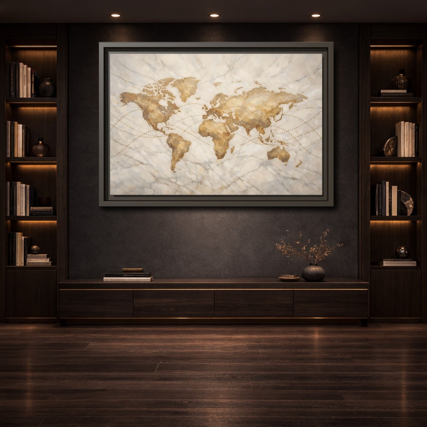 Mockup 3. Maps World Map Brown And Beige shown as stretched canvas wall art