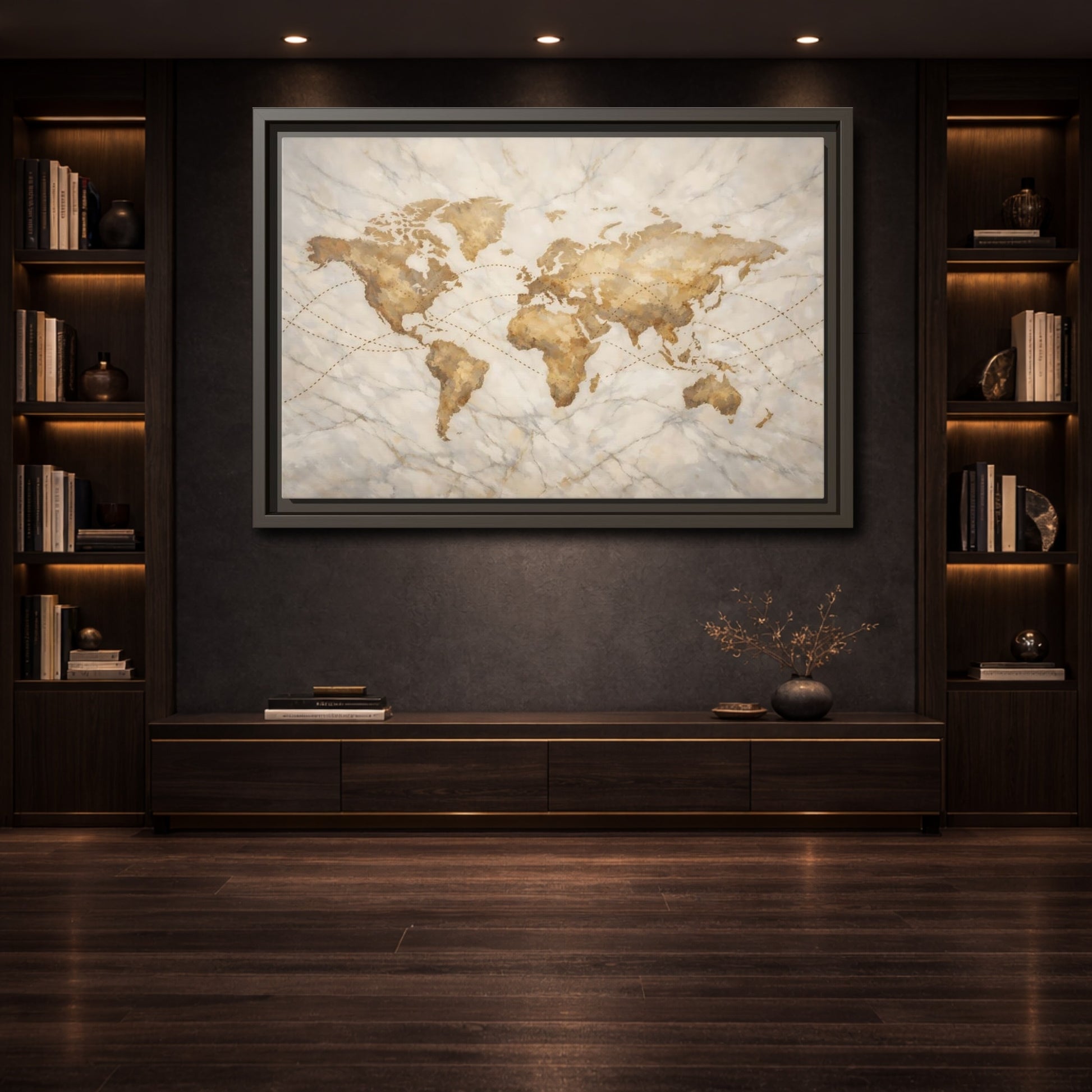 Mockup 3. Maps World Map Brown And Beige shown as stretched canvas wall art