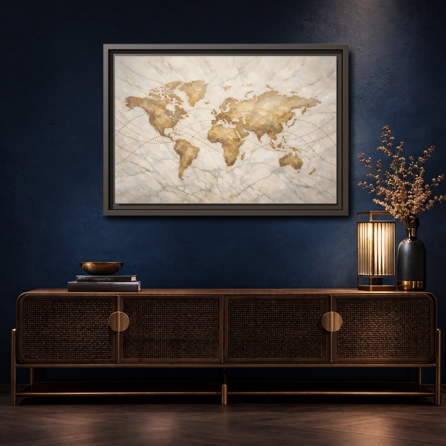 Mockup 4. Maps World Map Brown And Beige shown as stretched canvas wall art