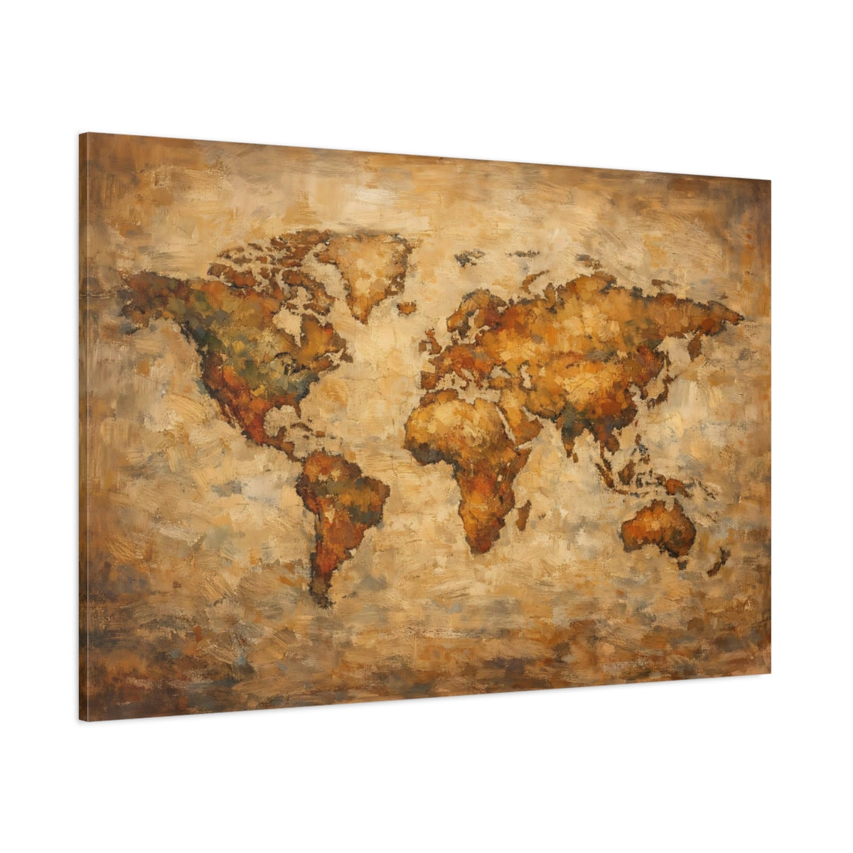 Main Mockup. Maps World Map Brown And Gold shown as stretched canvas wall art
