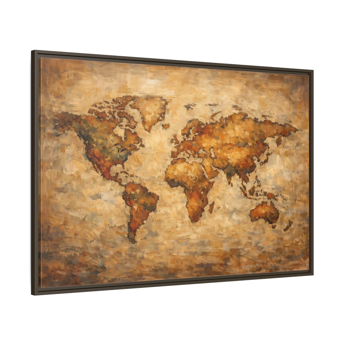 Main Mockup. Maps World Map Brown And Gold shown as stretched canvas wall art
