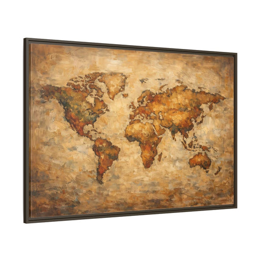 Main Mockup. Maps World Map Brown And Gold shown as stretched canvas wall art