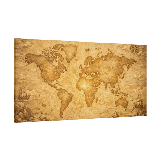Main Mockup. Maps World Map Brown And Gold shown as stretched canvas wall art