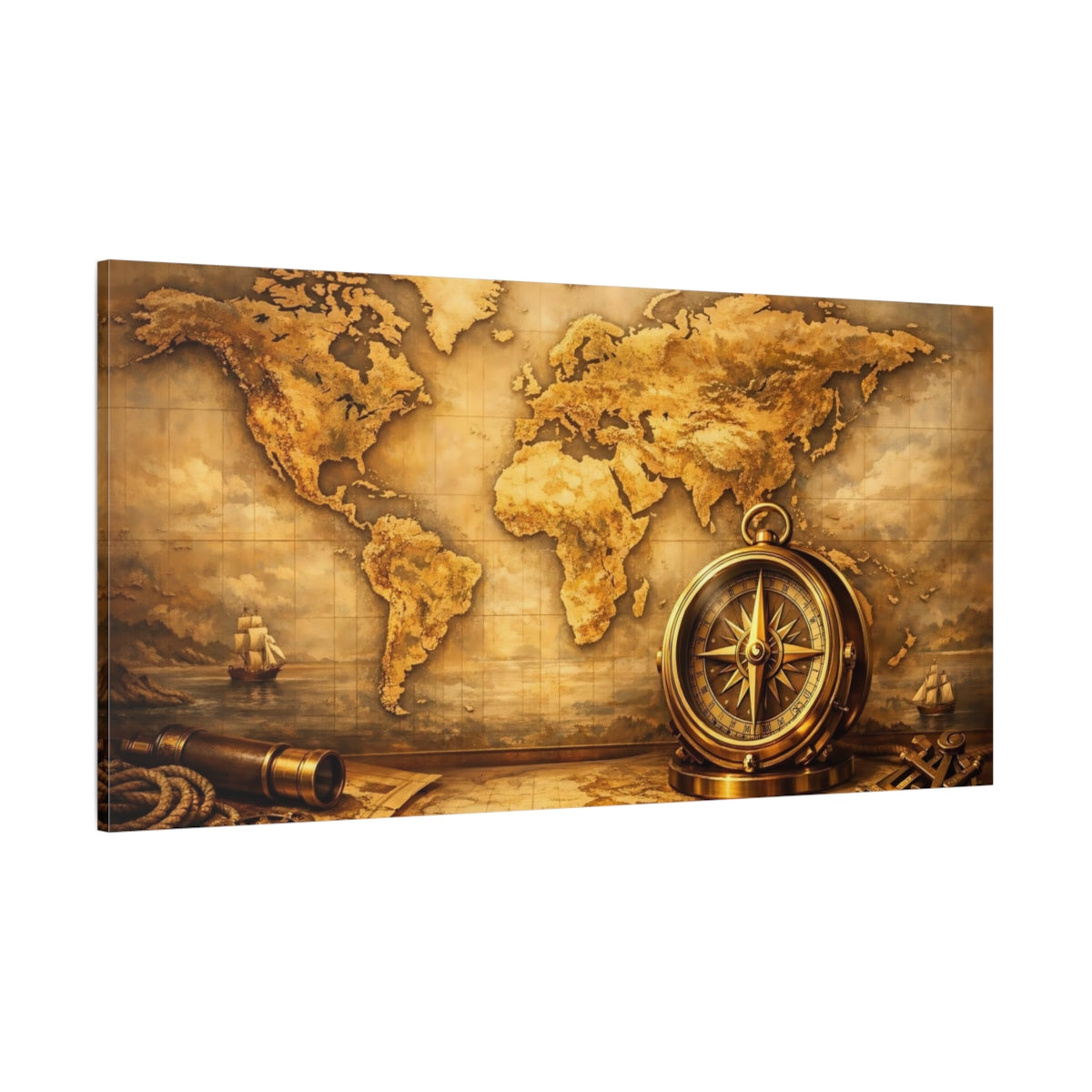 Main Mockup. Maps World Map Brown And Gold Map shown as stretched canvas wall art