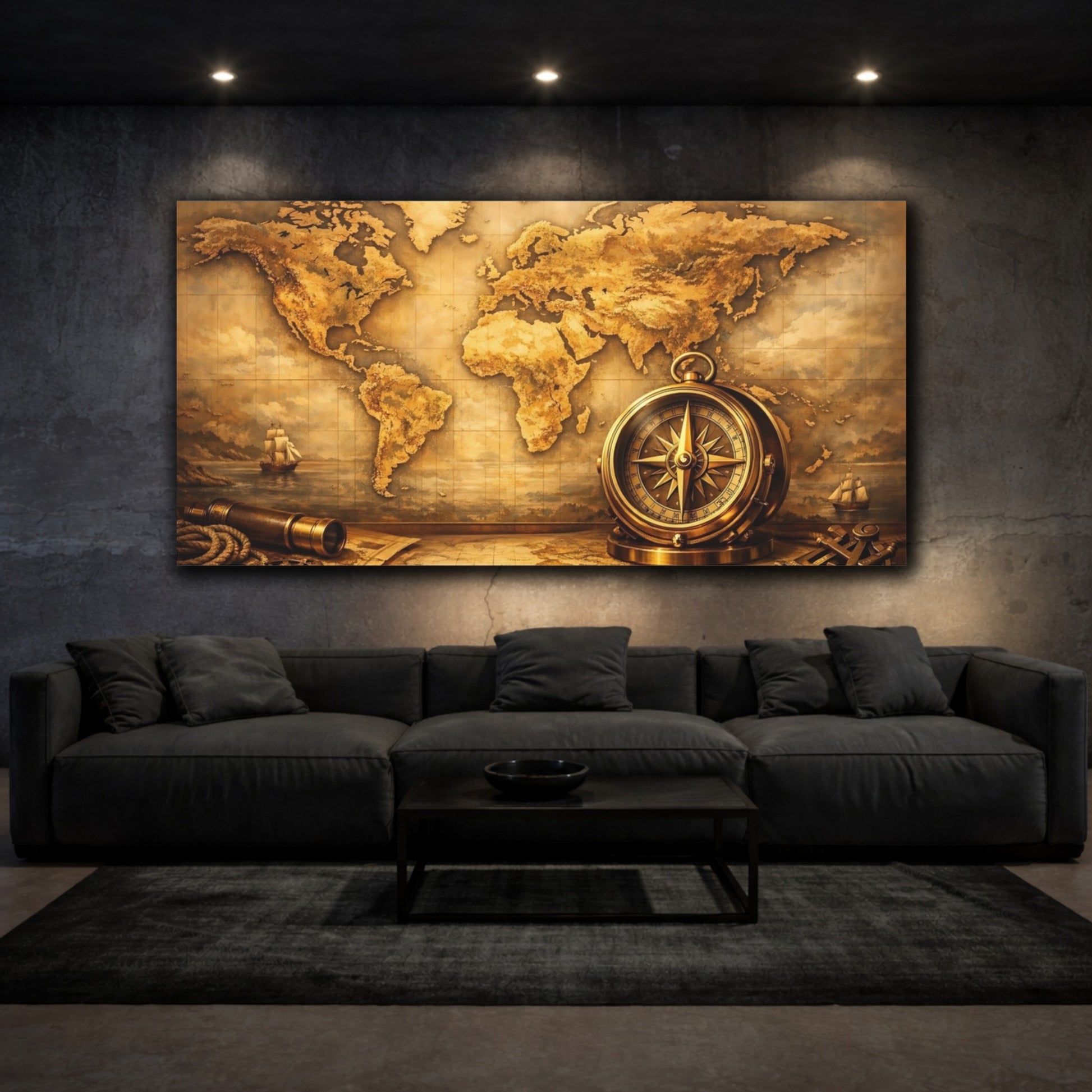 Mockup 2. Maps World Map Brown And Gold Map shown as stretched canvas wall art