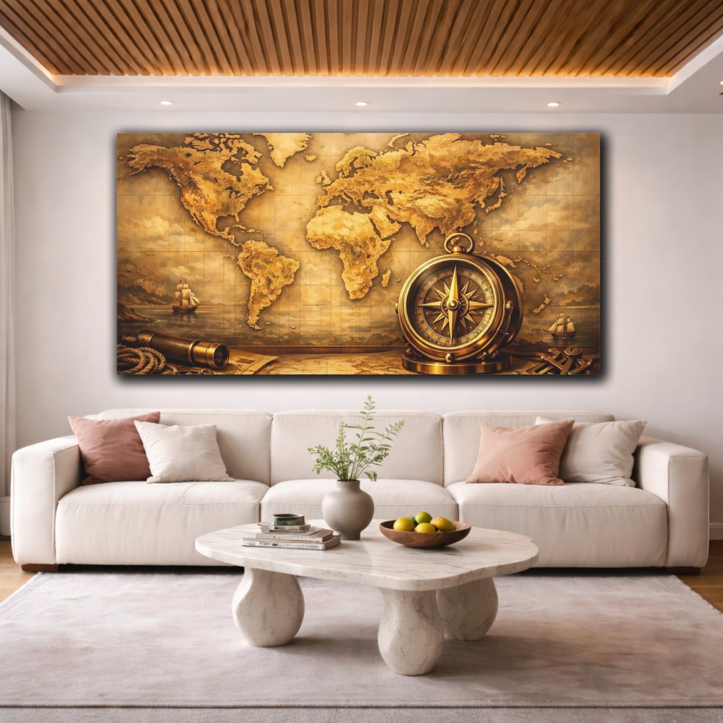 Mockup 3. Maps World Map Brown And Gold Map shown as stretched canvas wall art