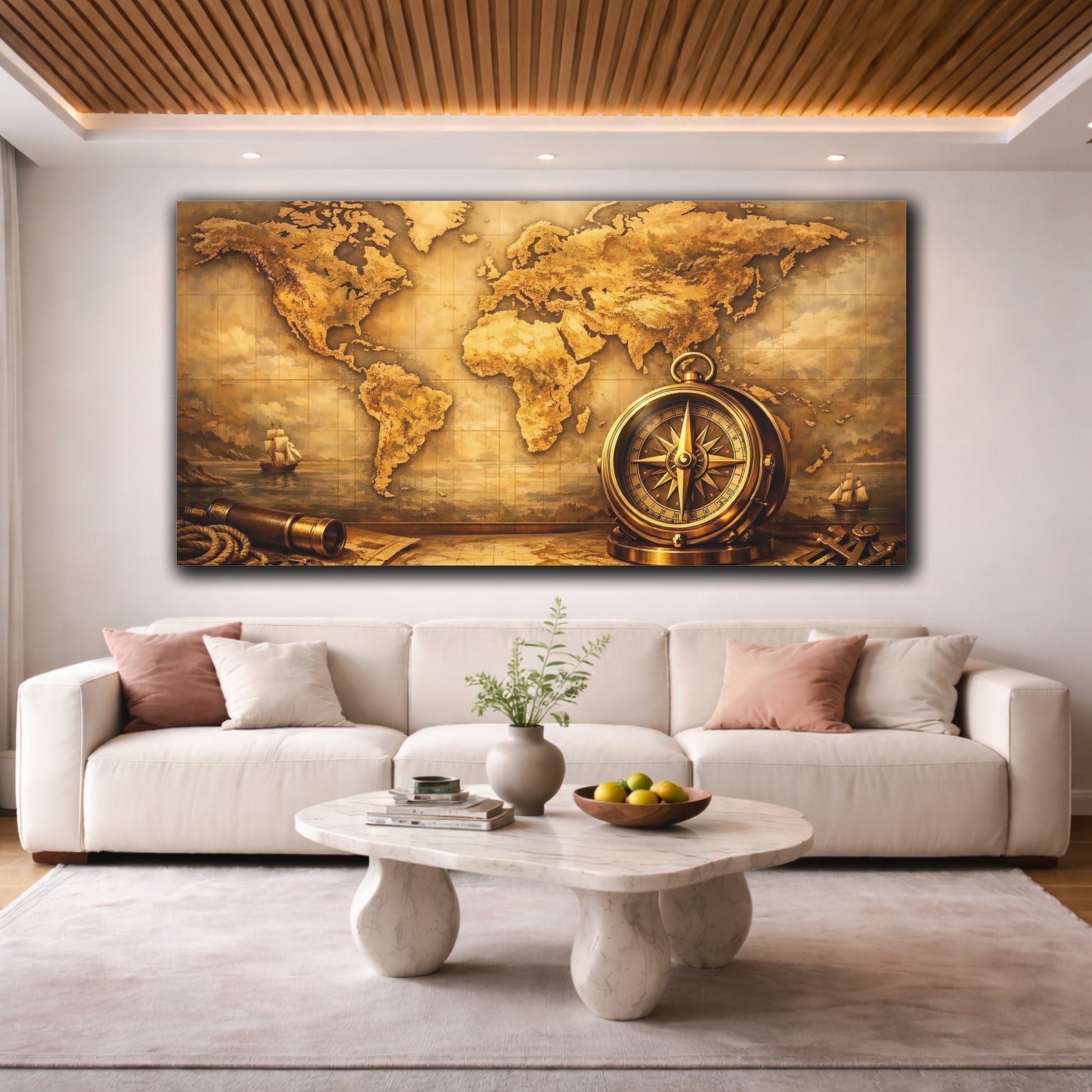 Mockup 3. Maps World Map Brown And Gold Map shown as stretched canvas wall art