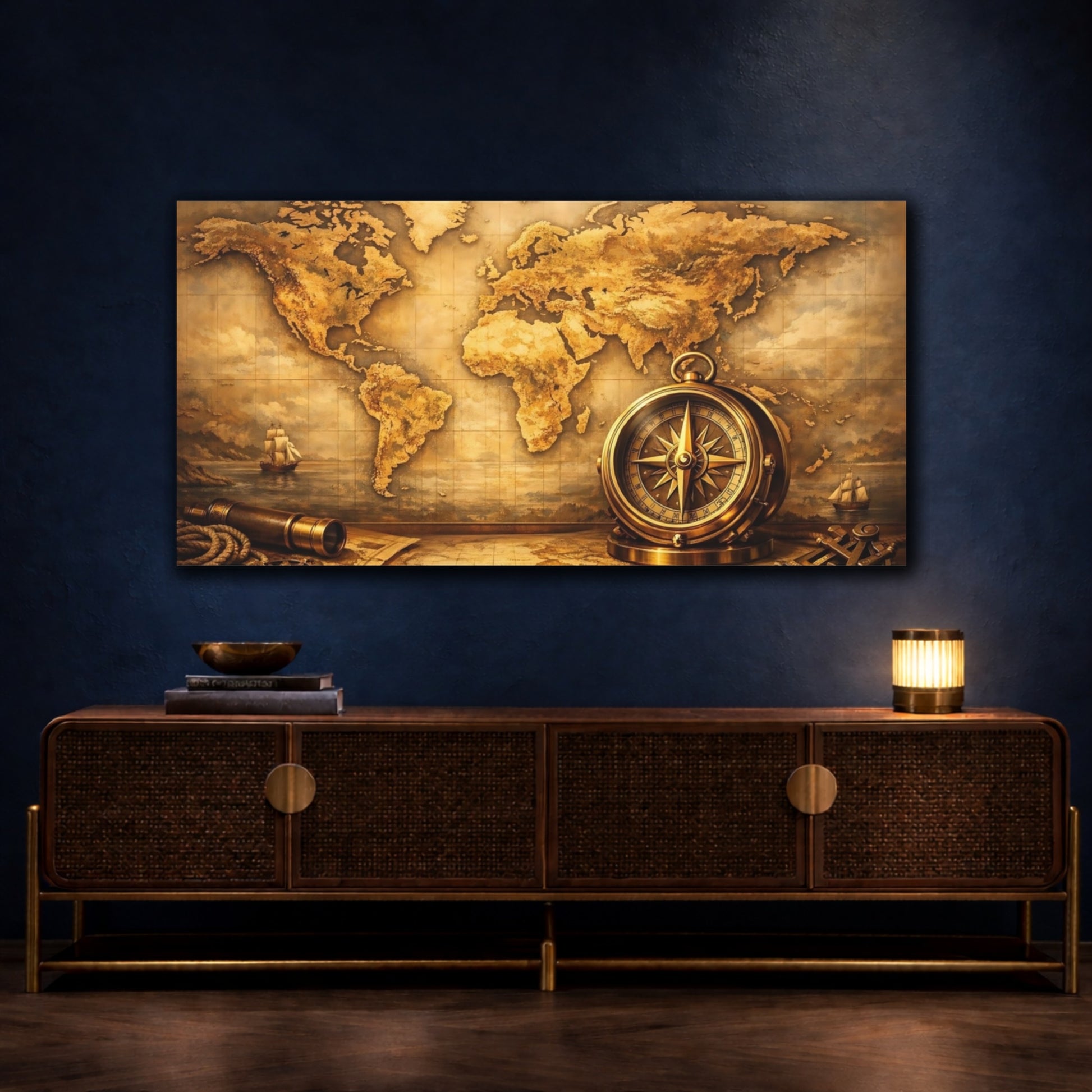 Mockup 4. Maps World Map Brown And Gold Map shown as stretched canvas wall art