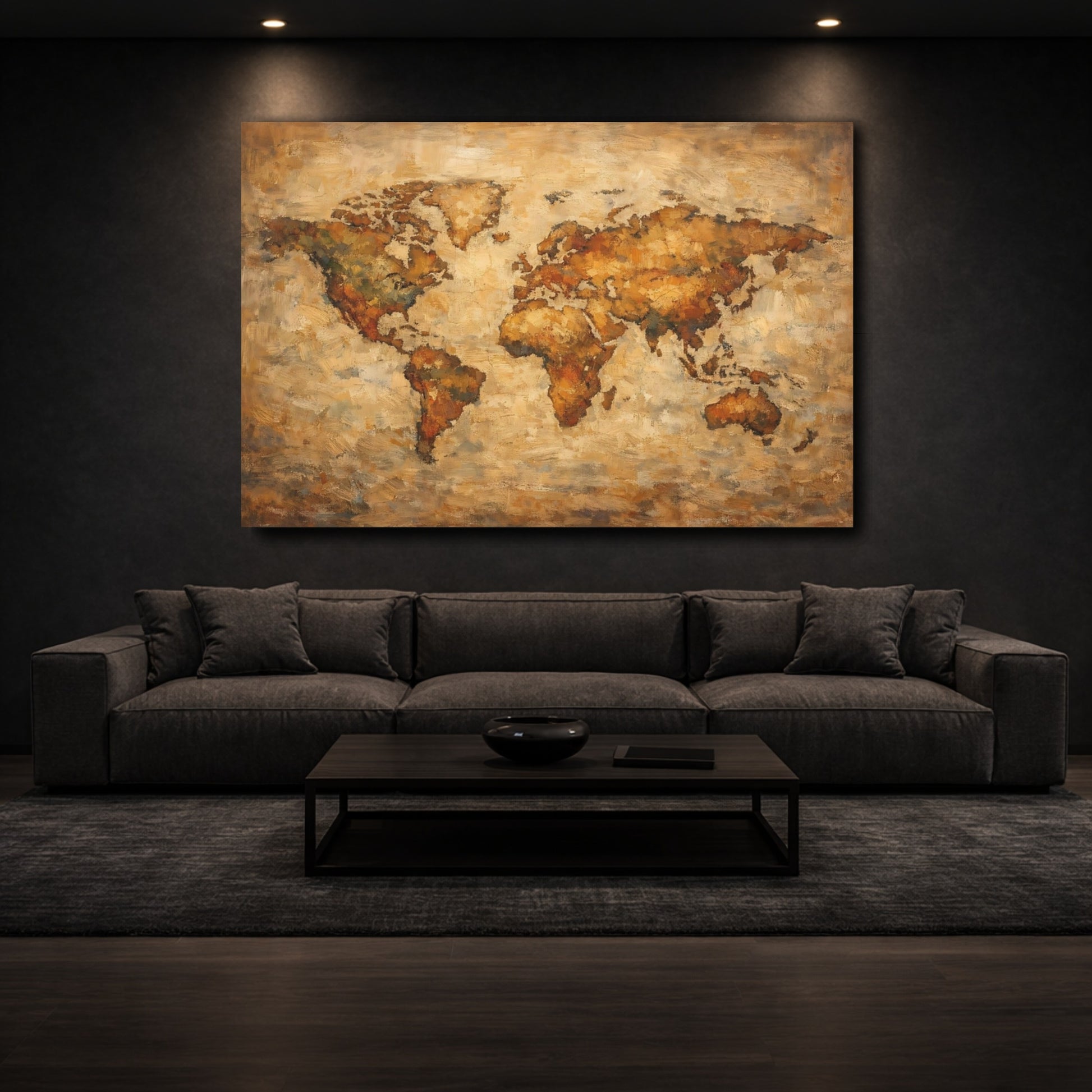 Mockup 2. Maps World Map Brown And Gold shown as stretched canvas wall art