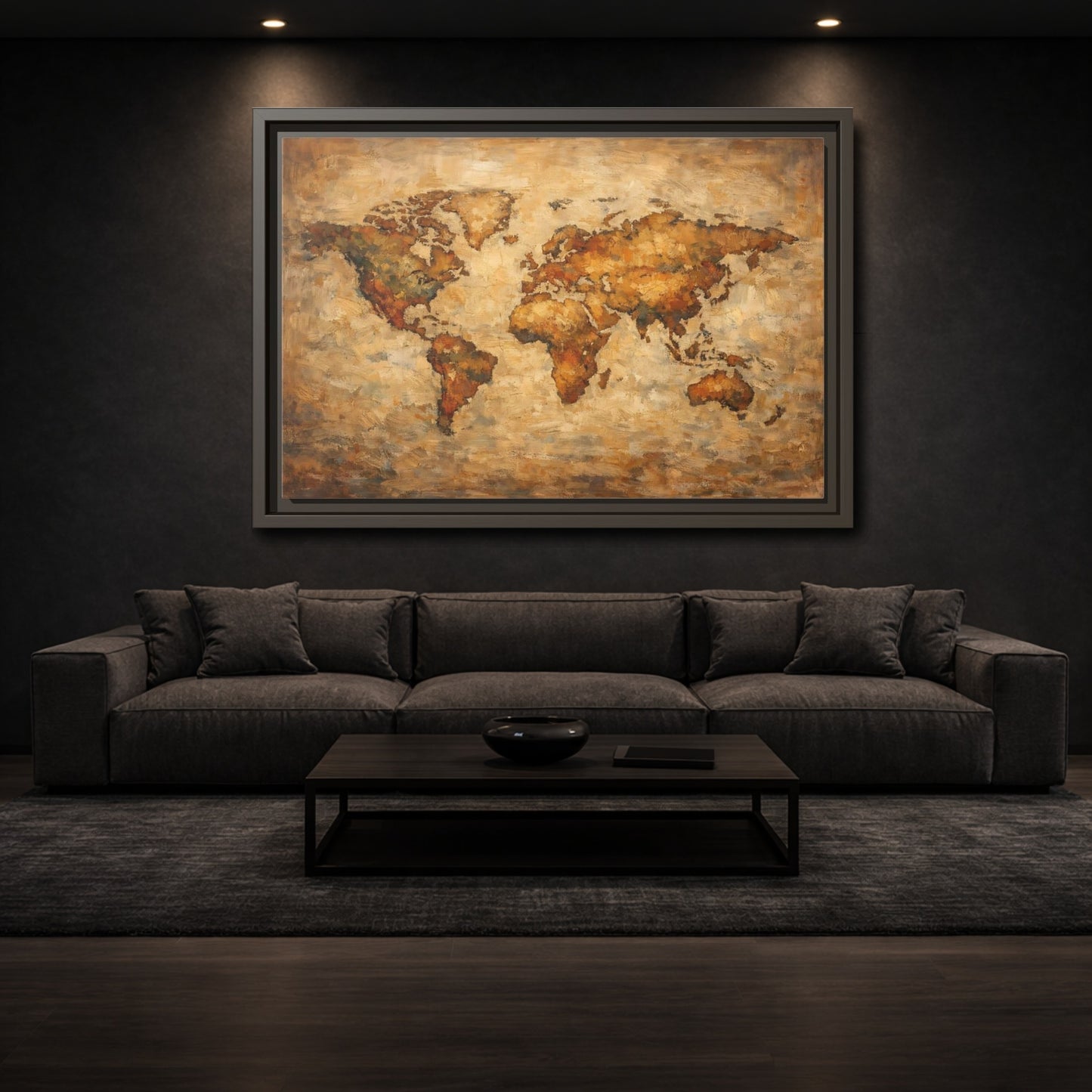 Mockup 2. Maps World Map Brown And Gold shown as stretched canvas wall art