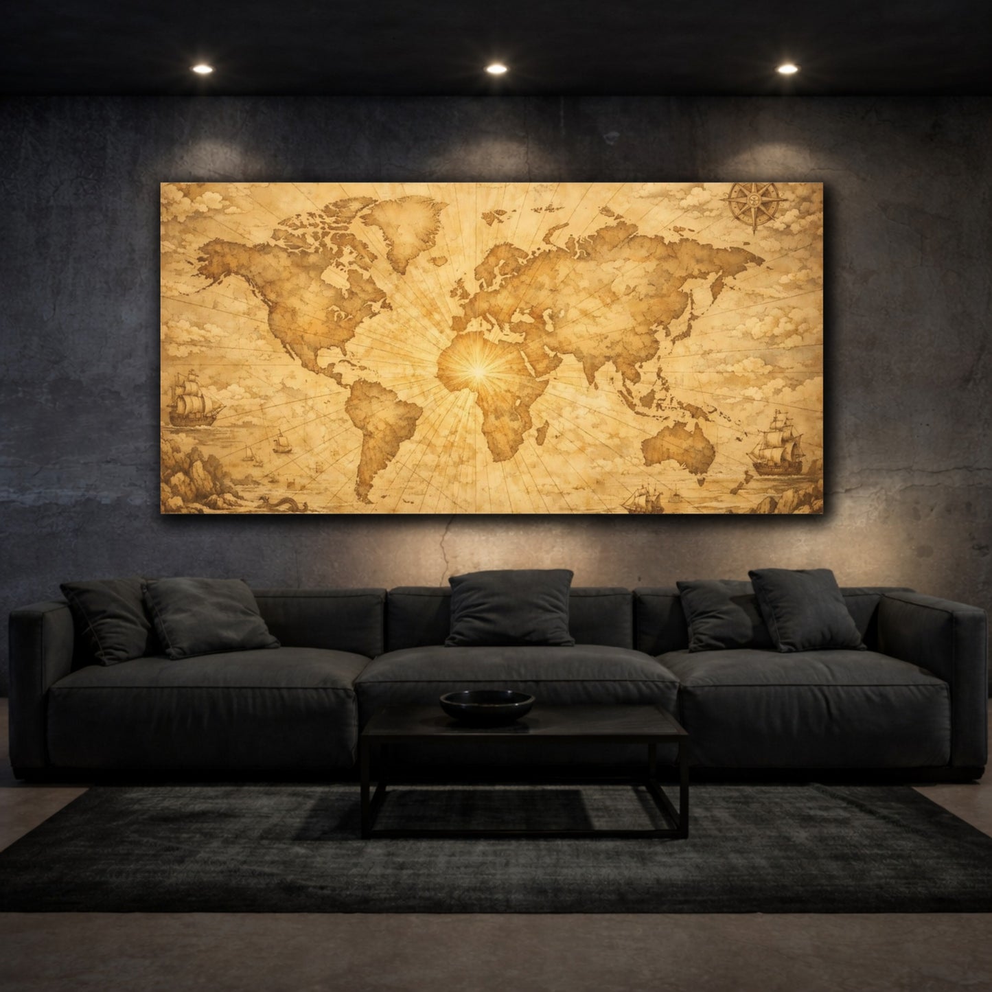 Mockup 2. Maps World Map Brown And Gold shown as stretched canvas wall art