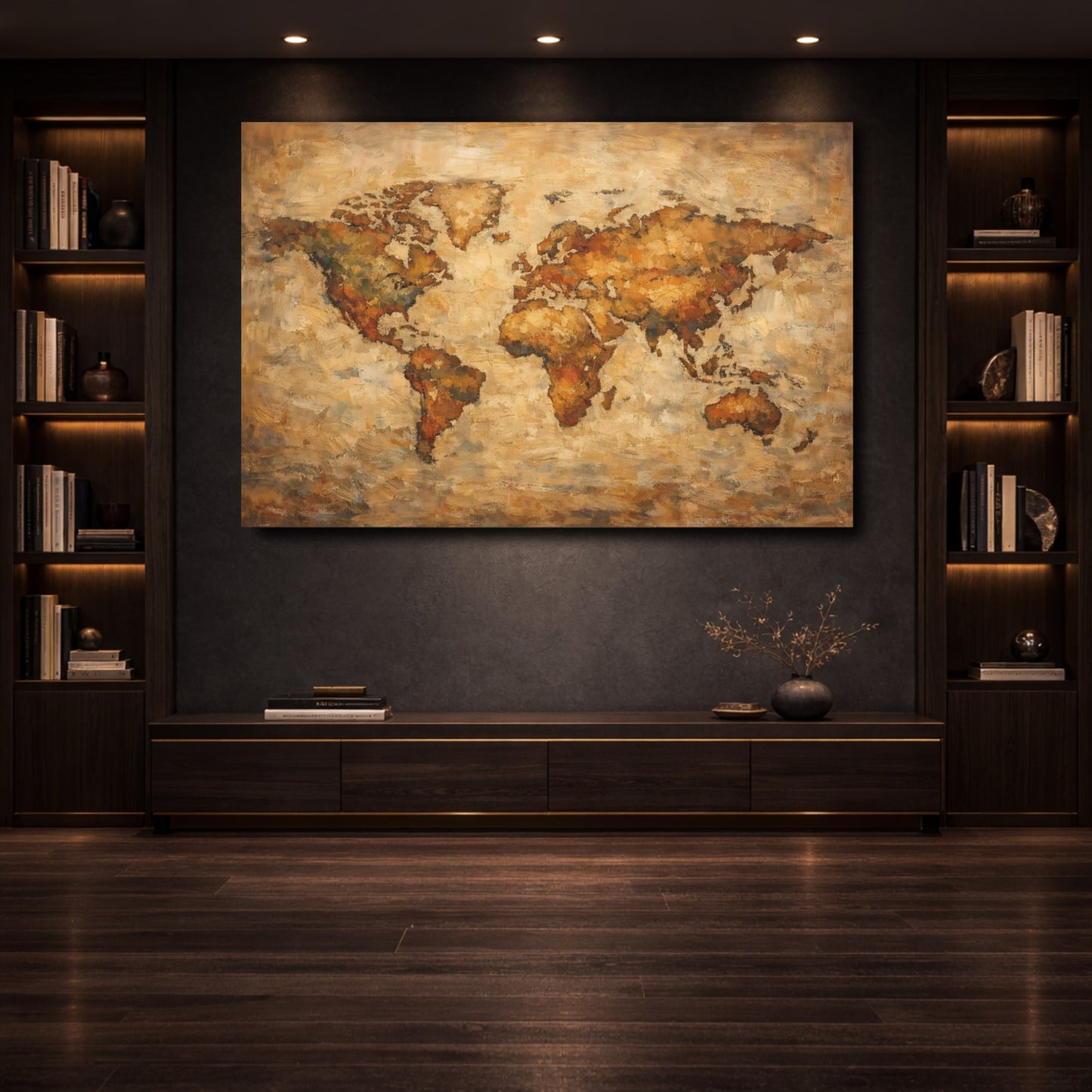 Mockup 3. Maps World Map Brown And Gold shown as stretched canvas wall art